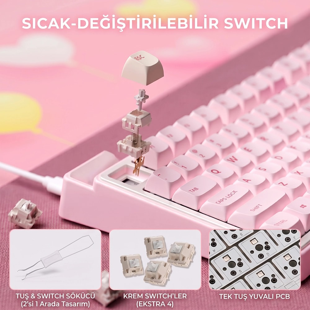 Pembe klavye ve sökülmüş ESC tuşu, anahtar, çektirme aleti ve PCB detayları pembe arka planda.