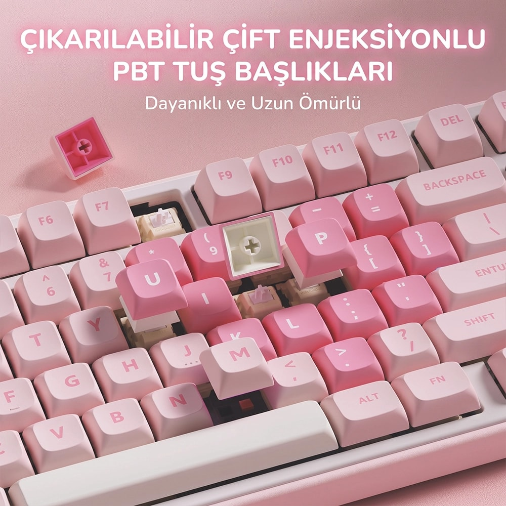 Çıkarılabilir PBT tuş başlıkları ve Türkçe yazılar olan pembe klavye.