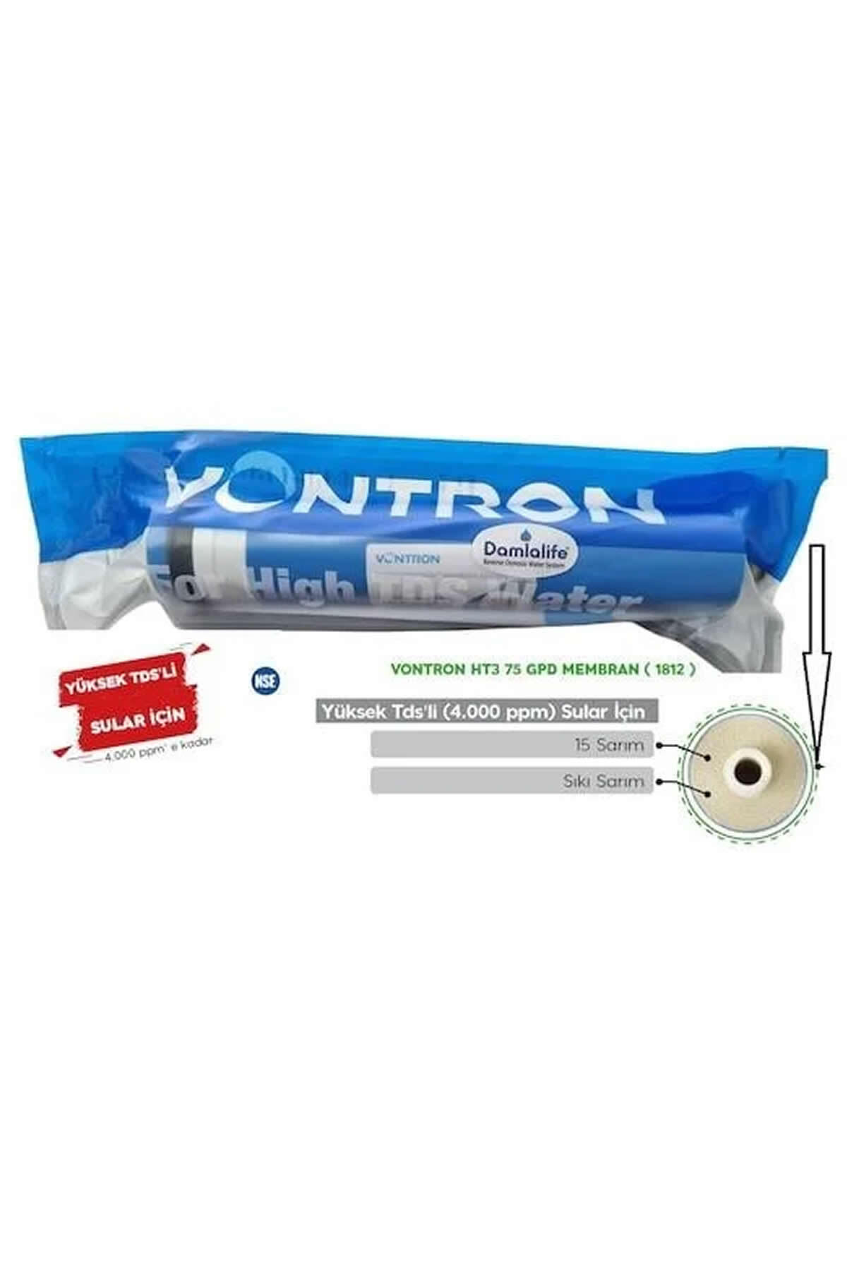 Yüksek TDS'li sular için Vontron HT3 75 GPD membran filtre, ambalajında ve şemasıyla.