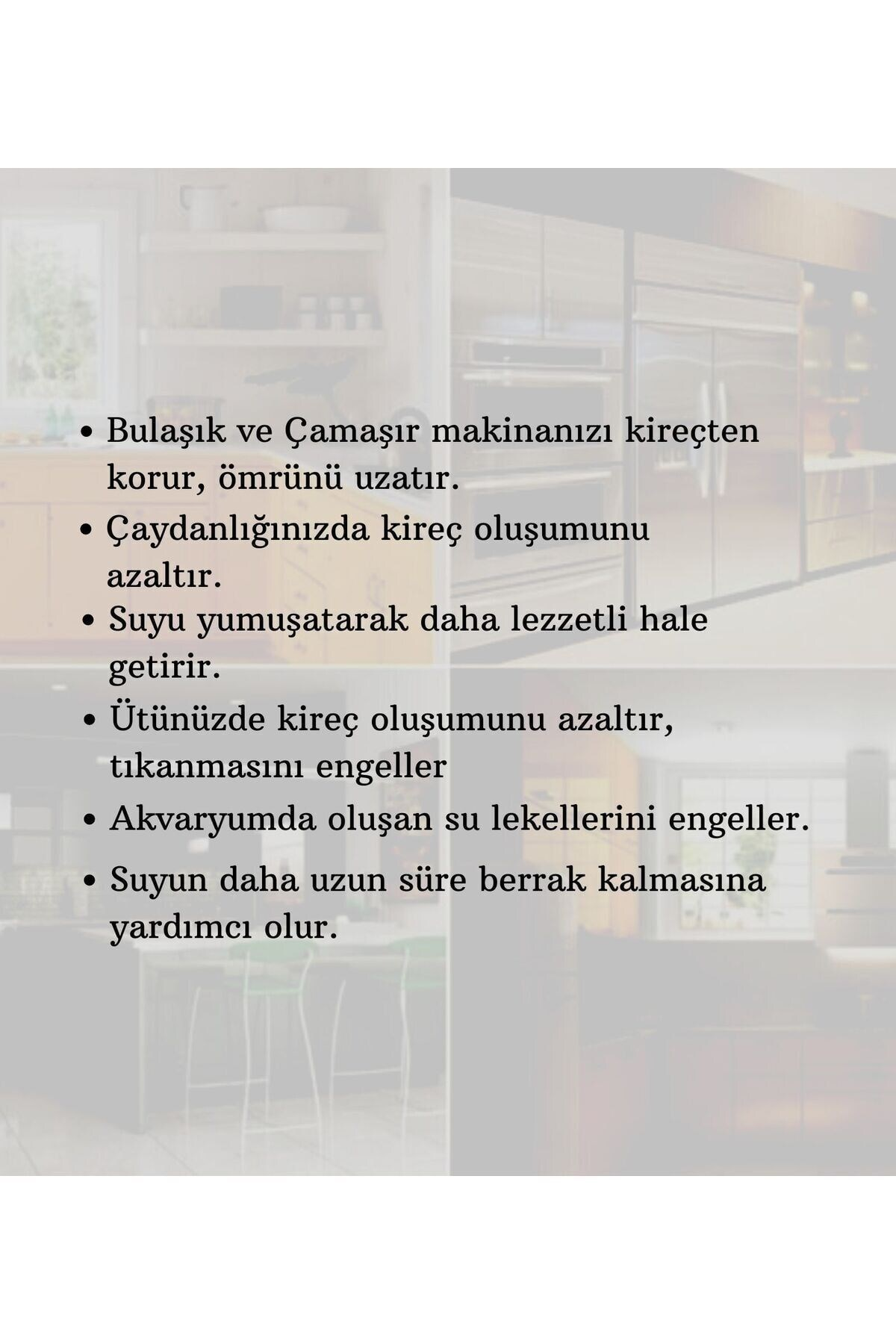 Bulanık mutfak arka planı üzerinde Türkçe ürün faydaları listesi.