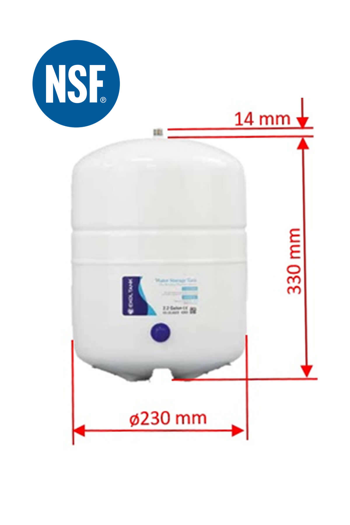 Boyutları: yükseklik 330 mm, çap 230 mm, üst bağlantı 14 mm ve NSF logolu beyaz su depolama tankı.
