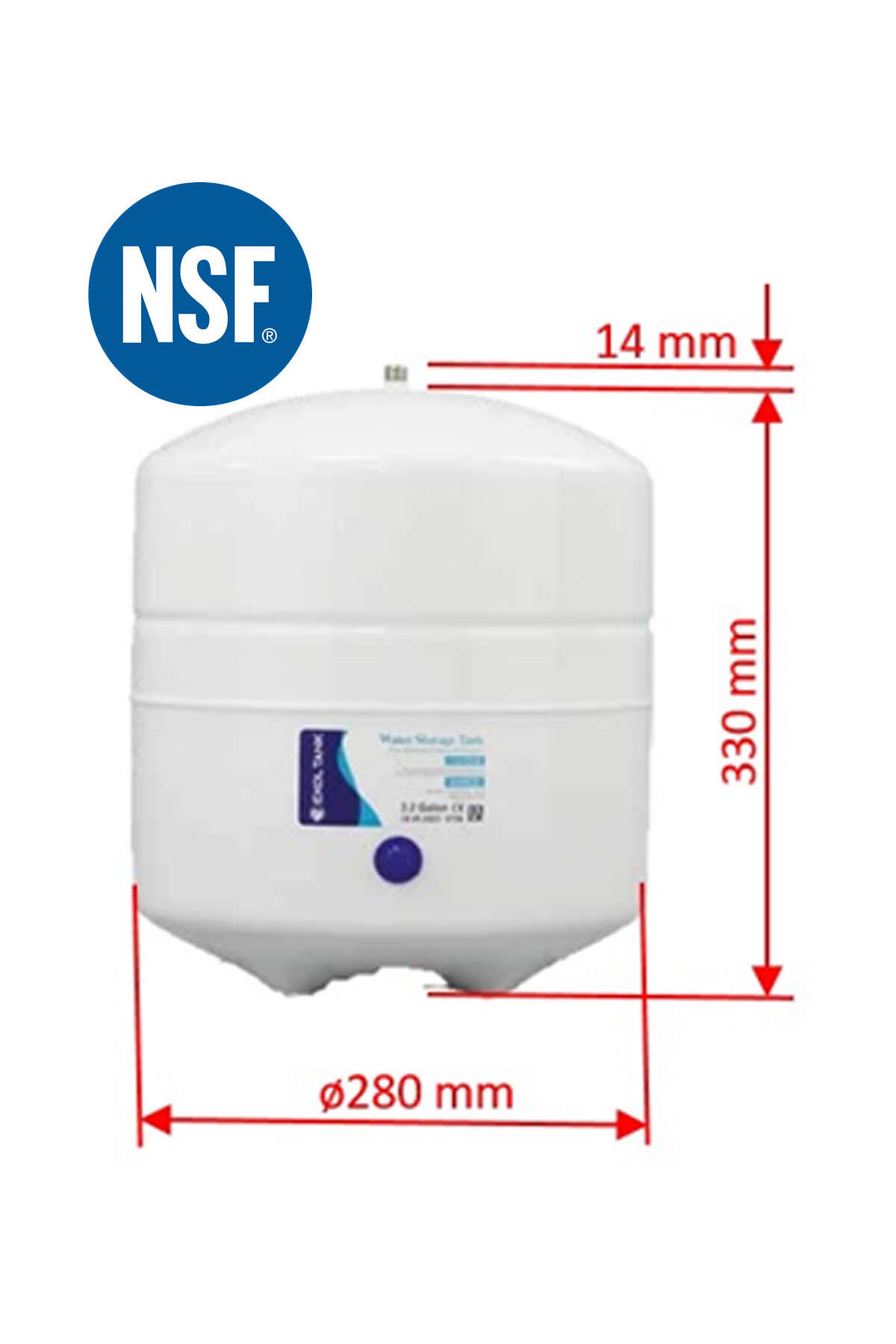 NSF logolu beyaz su deposu, ölçüleri: 330 mm yükseklik ve 280 mm çap.