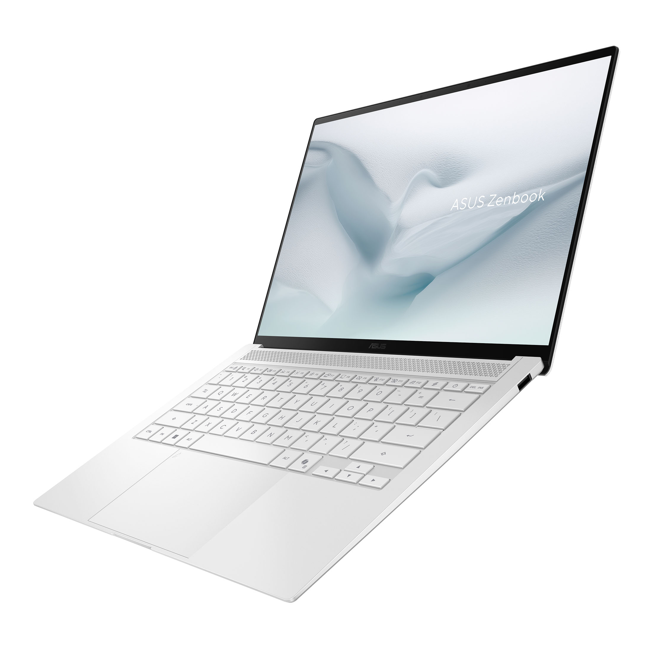 Ein silberner ASUS Zenbook Laptop steht offen vor einem hellen Hintergrund.