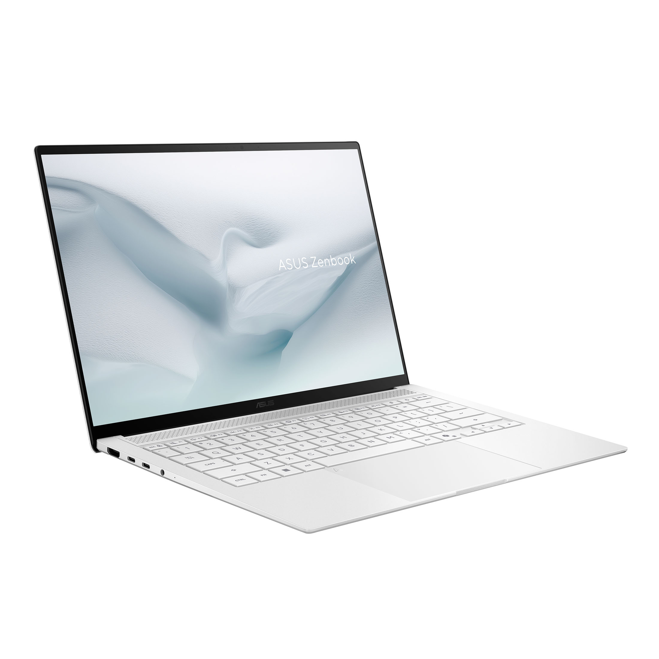 Ein silberner ASUS Zenbook Laptop steht auf einem weißen Hintergrund und zeigt einen hellen abstrakten Bildschirm.