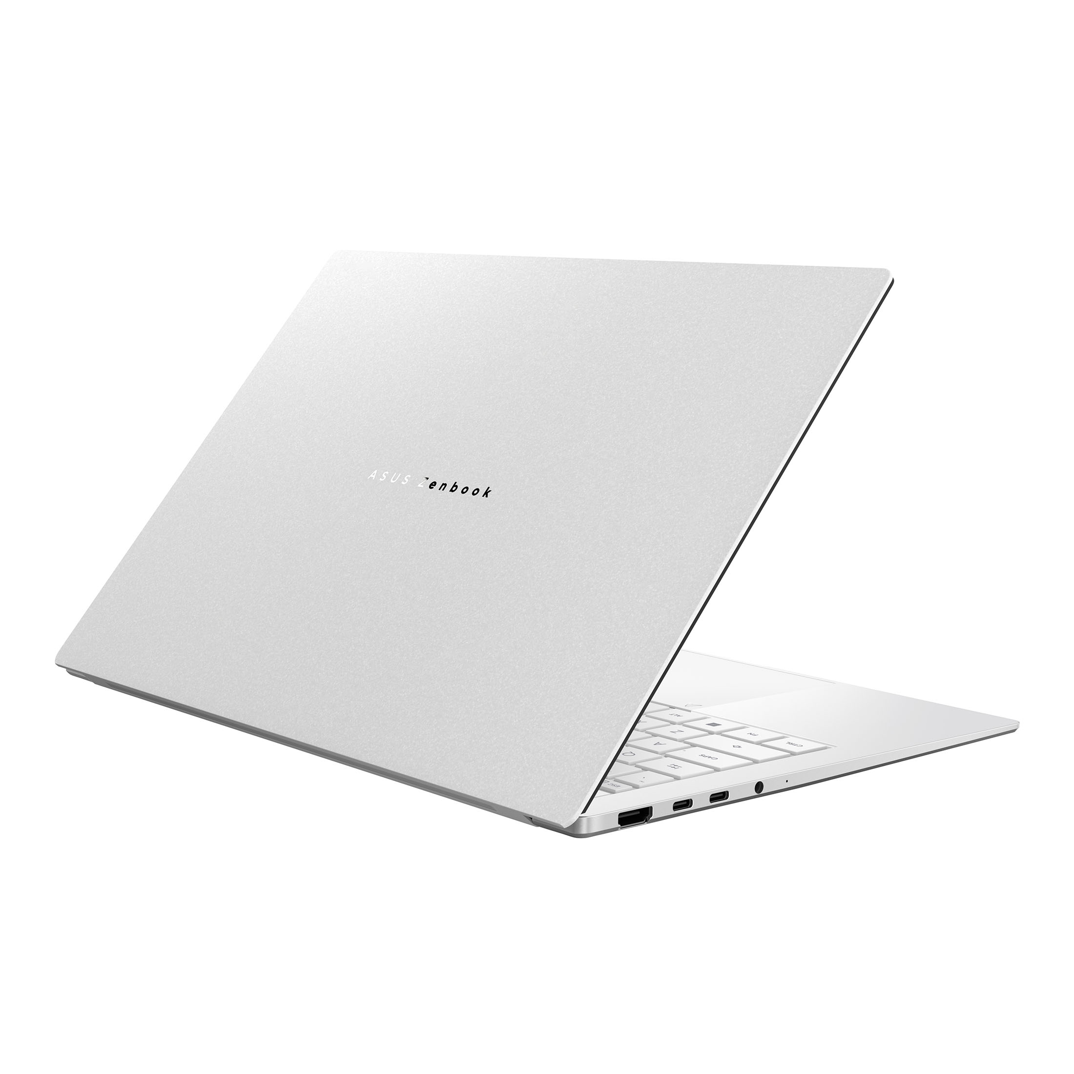 Ein silberner Asus Zenbook Laptop von hinten, mit geschlossenem Deckel sowie sichtbarer Tastatur und Anschlüssen.