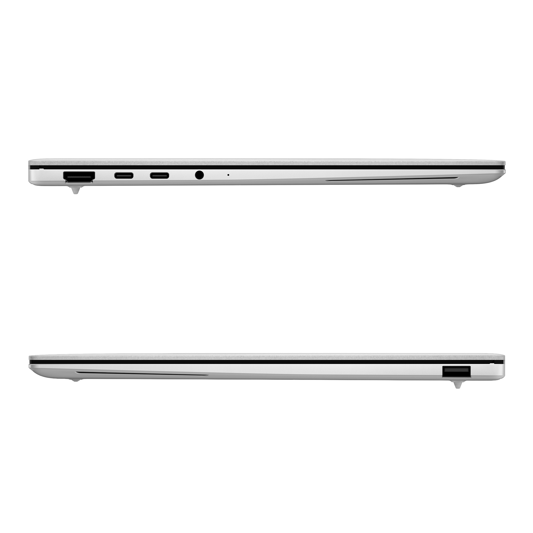 Seitenansicht eines silbernen Laptops mit verschiedenen Anschlüssen auf einer weißen Hintergrund.