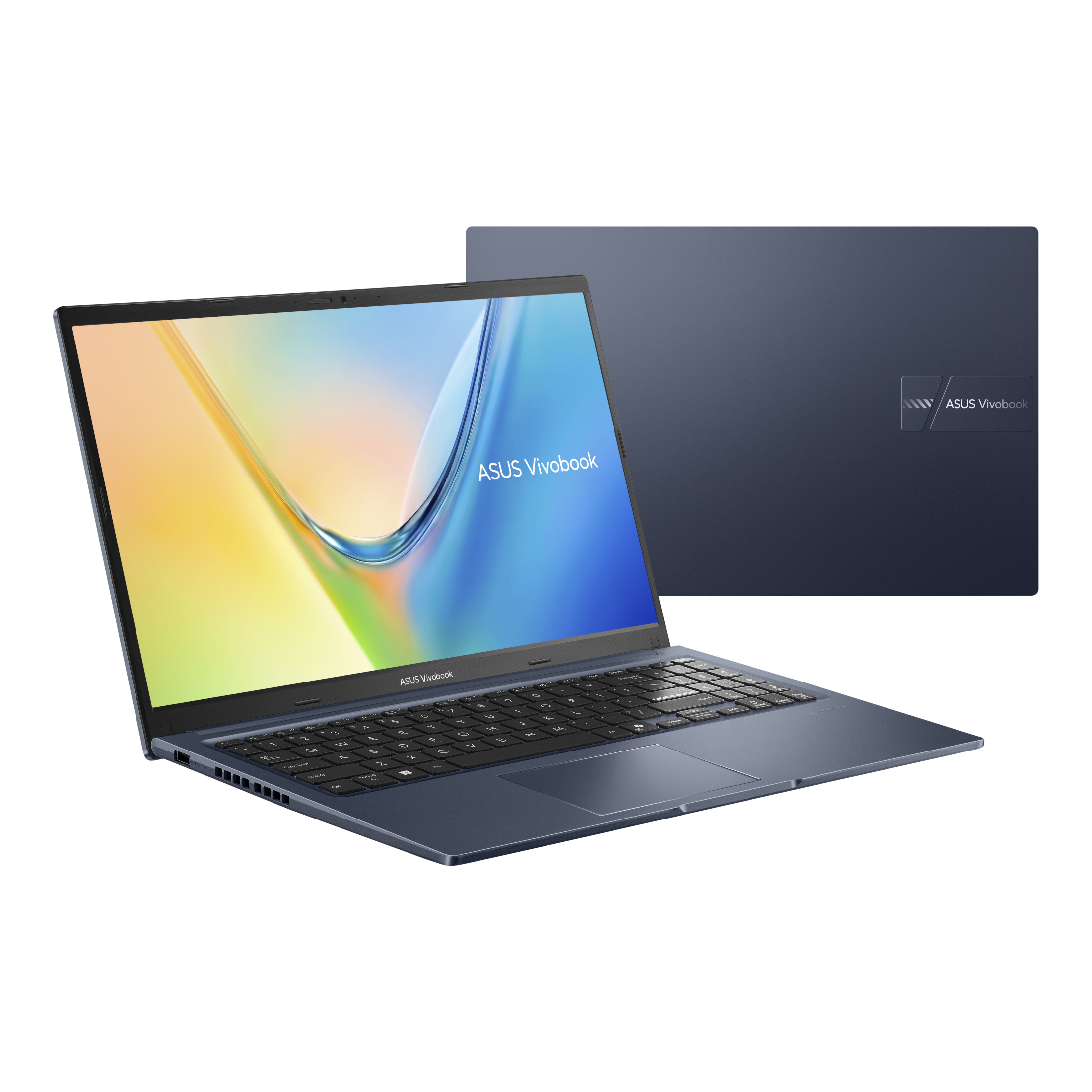 Offener blauer ASUS Vivobook Laptop mit buntem Bildschirm und Tastatur, geschlossener Deckel im Hintergrund.