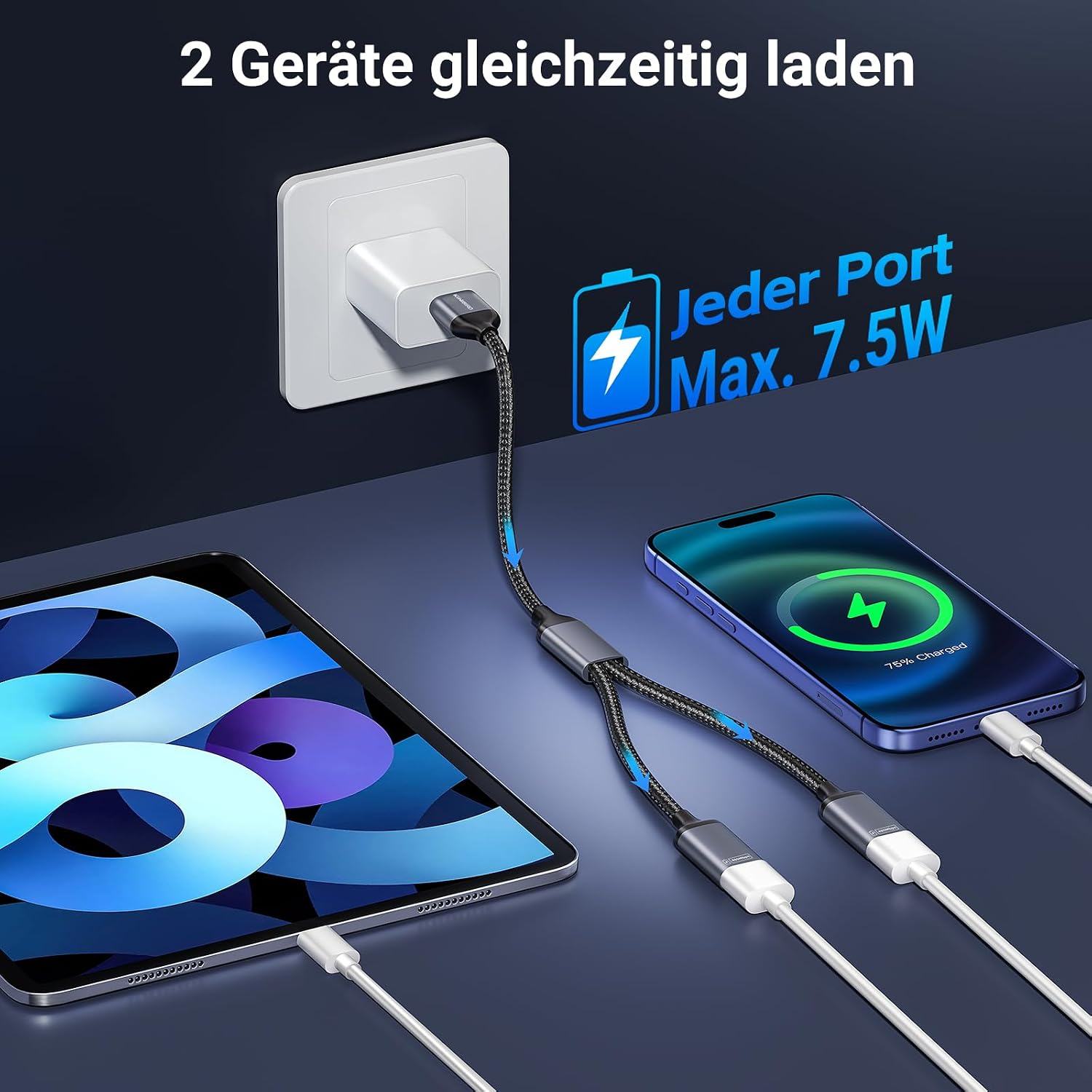 Ein weißes USB-Ladegerät in der Wand versorgt ein Tablet und ein Smartphone mit einem Y-Kabel gleichzeitig mit Strom.