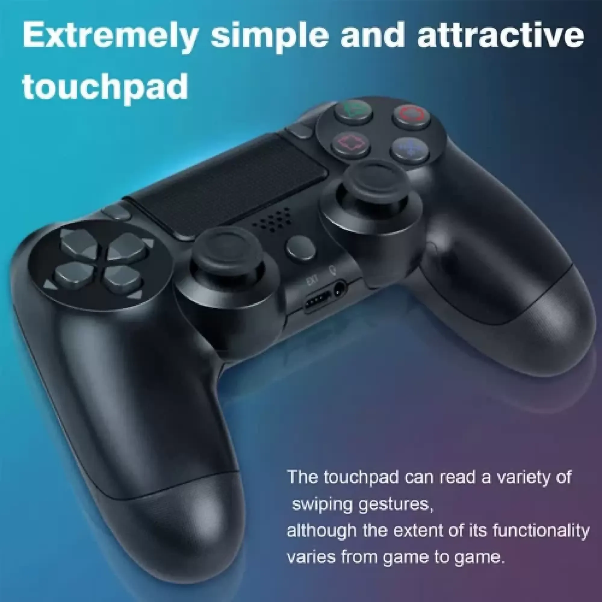 Ein schwarzer PlayStation 4-Controller vor einem blau-grauen Hintergrund mit Text.