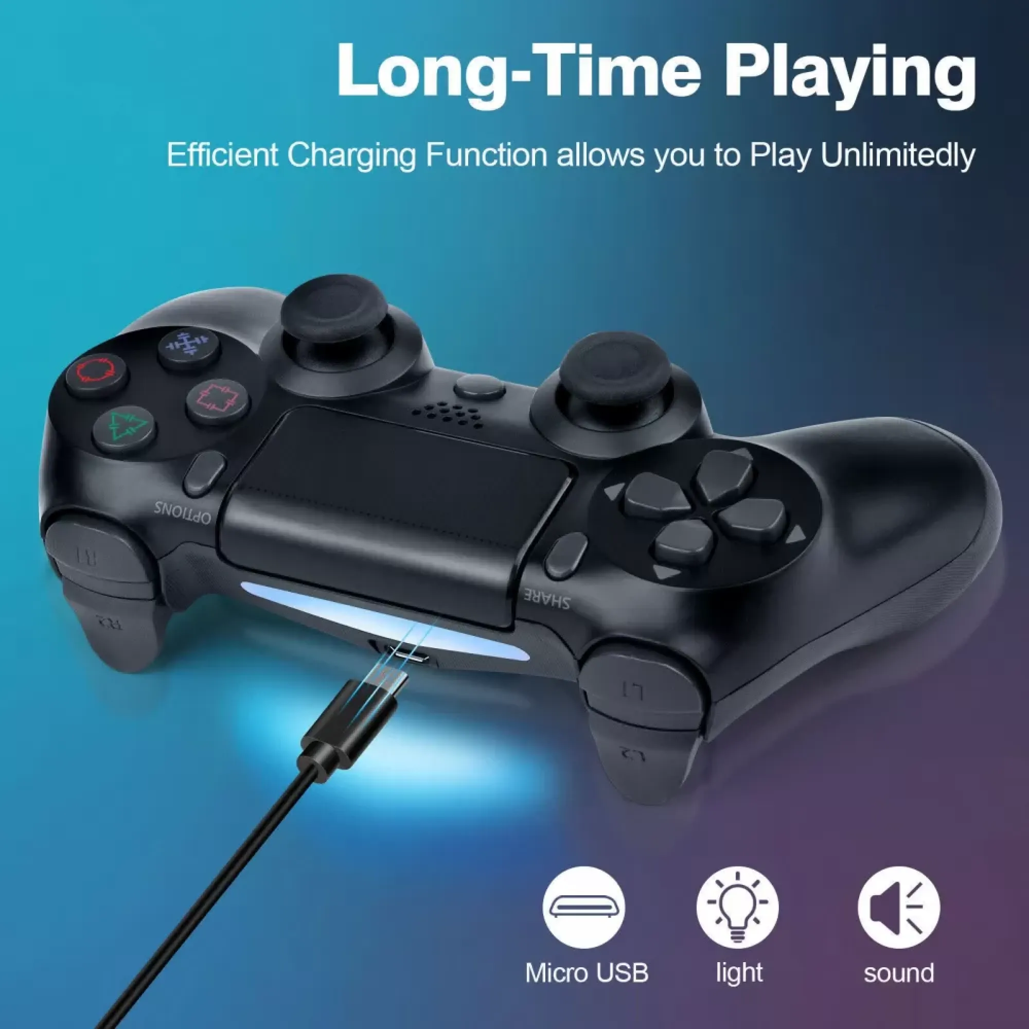 Ein schwarzer PlayStation 4-Controller wird mit einem Micro-USB-Kabel aufgeladen.