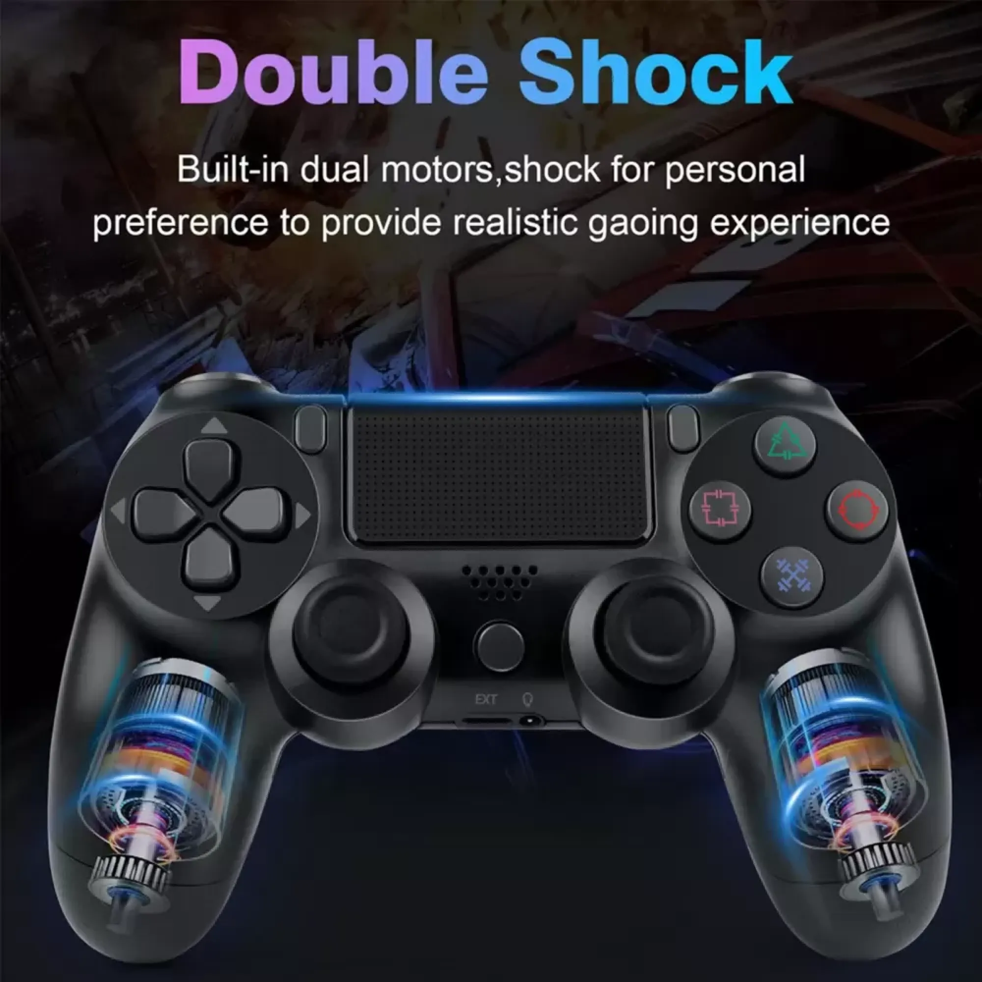 Ein schwarzer Controller mit doppelten internen Motoren in den Griffen, vor einem Gaming-Hintergrund.