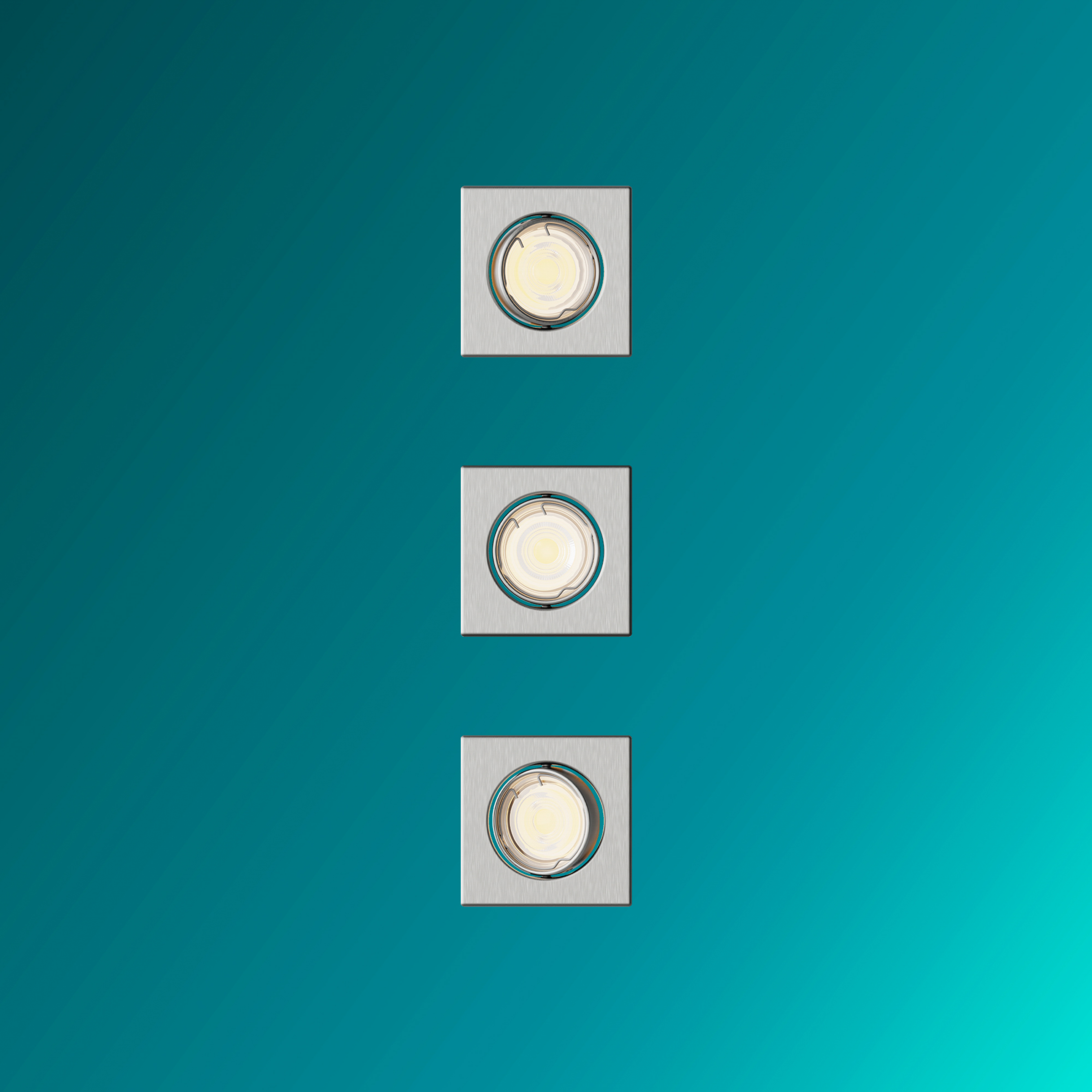 Tre faretti da incasso quadrati e argentati con luci rotonde illuminate su una parete blu ottanio.