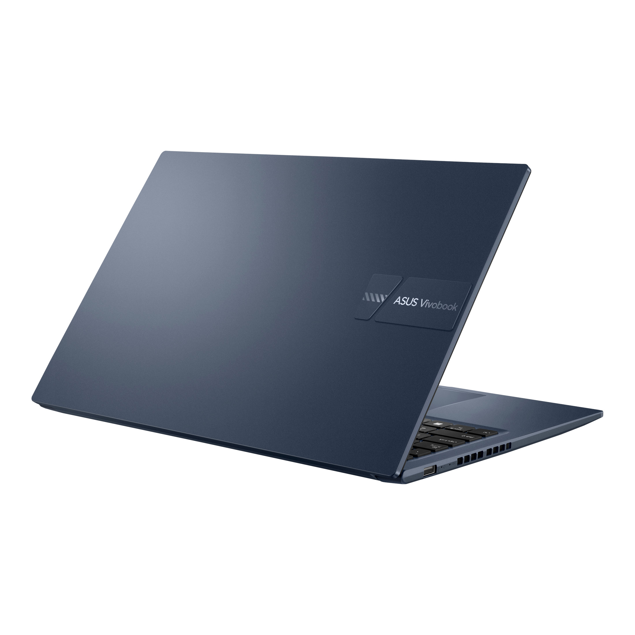 Ein geschlossener blauer ASUS Vivobook Laptop steht auf einer weißen Oberfläche mit sichtbarem Logo.