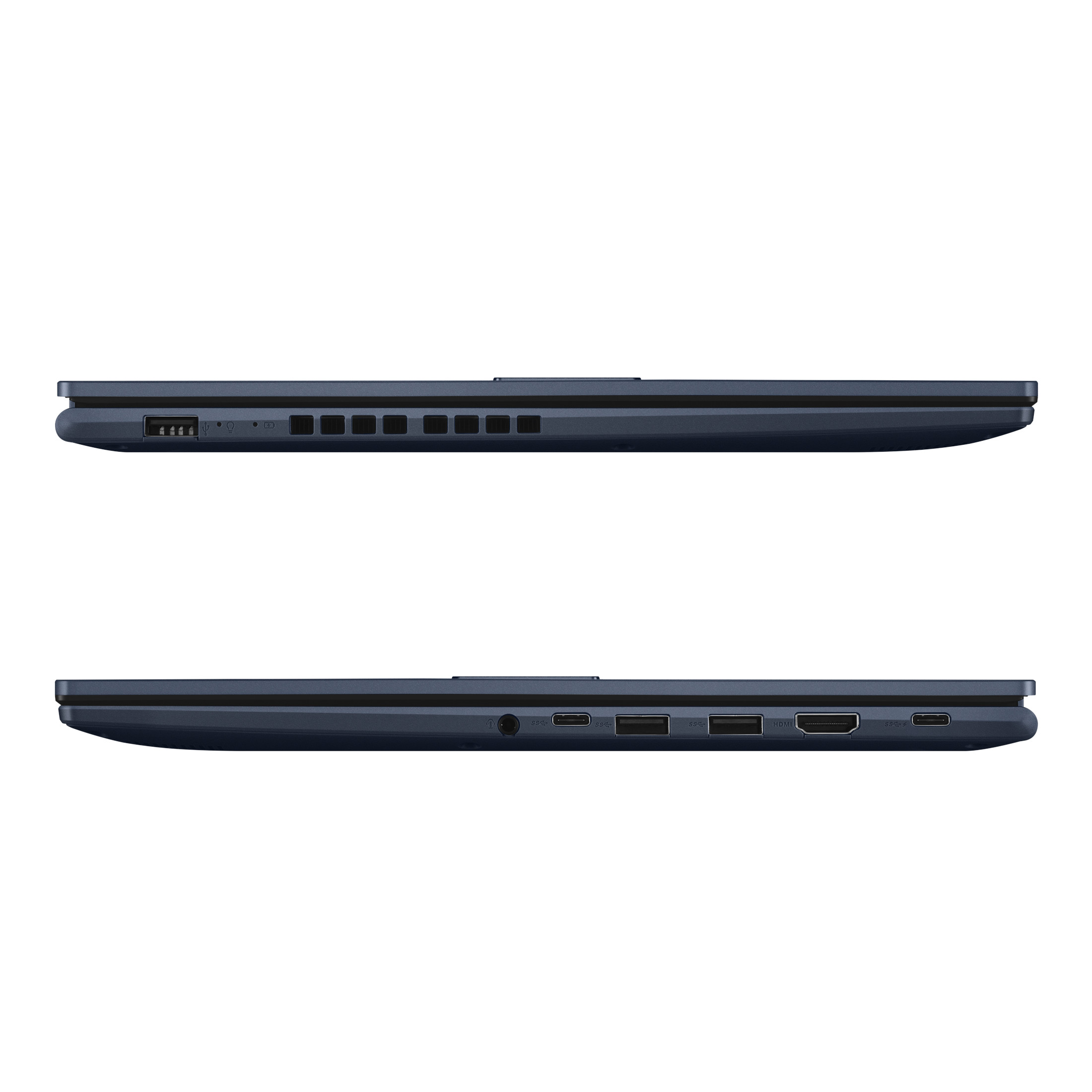 Seitenansichten eines blauen Laptops mit verschiedenen Anschlüssen auf einer weißen Fläche.