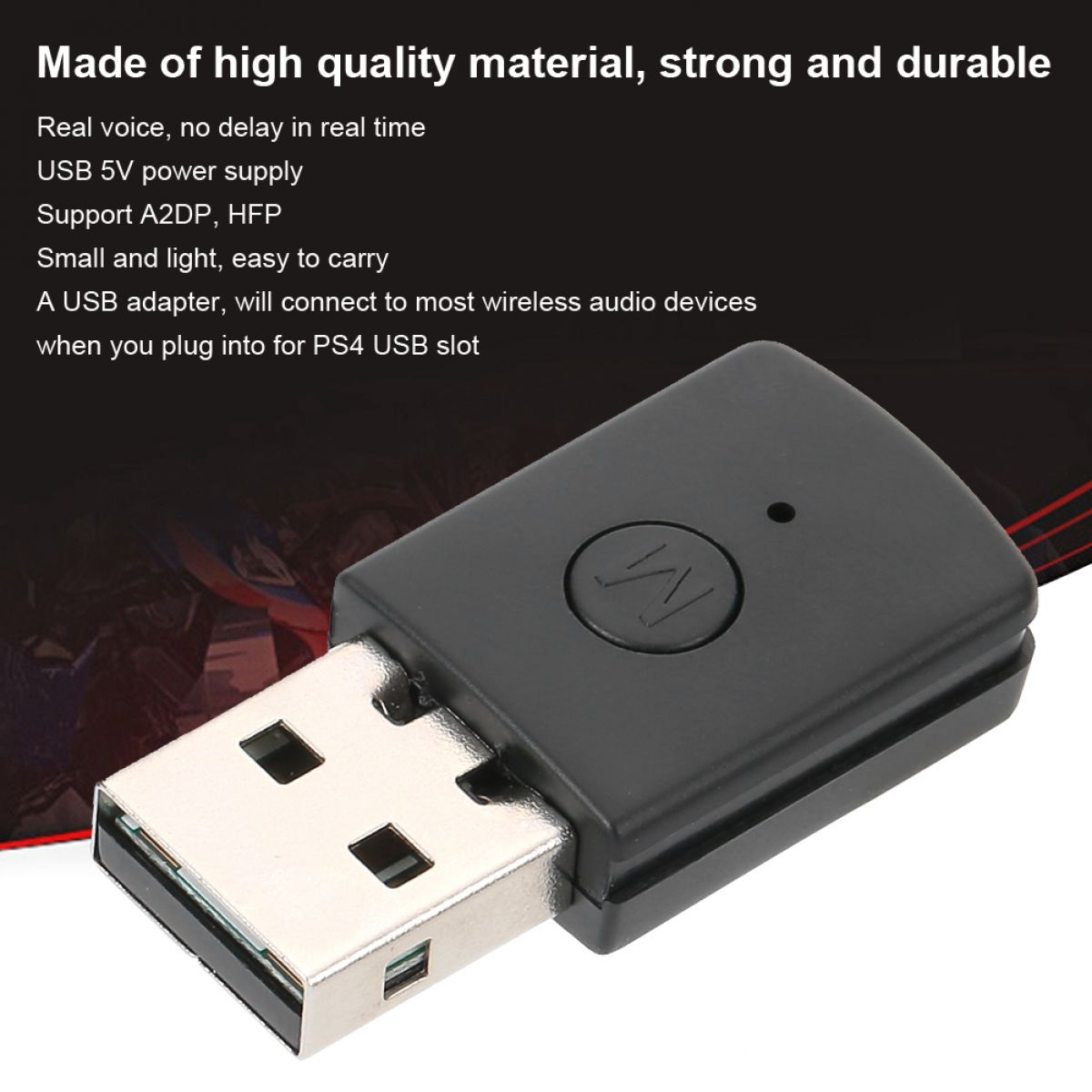 Ein kleiner schwarzer USB-Bluetooth-Adapter mit einer runden Taste und Textbeschreibungen im Hintergrund.