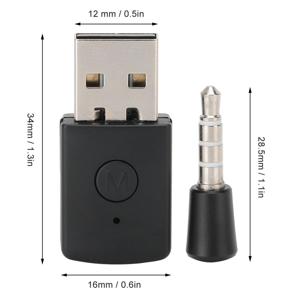 Ein schwarzer USB-Sender mit Maßen 34x16mm neben einem 28,5mm Klinkenadapter mit Maßpfeilen.