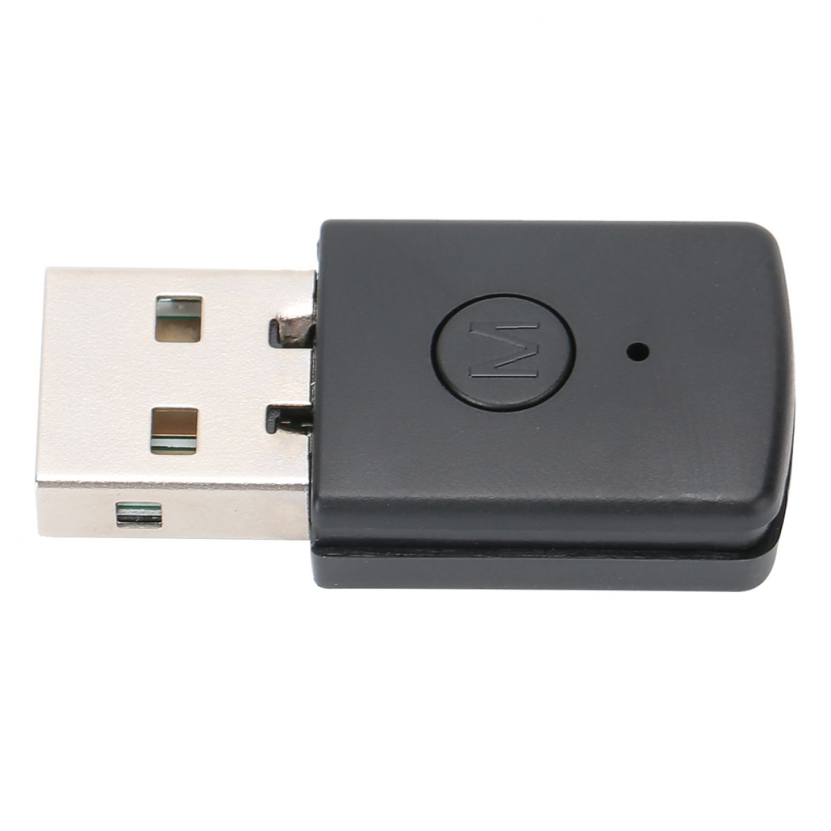 Ein kleiner schwarzer USB-Adapter mit einem runden M-Knopf und einer kleinen Kontrollleuchte.