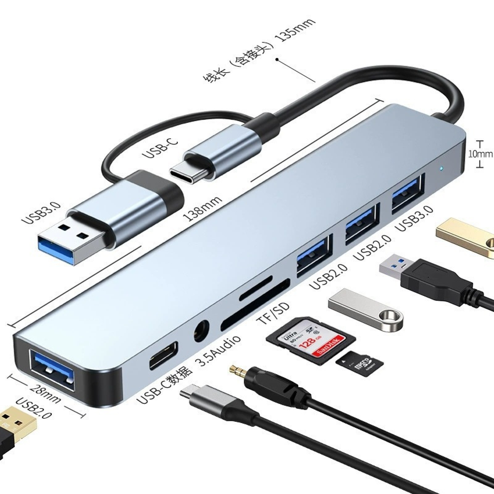 Grauer USB-C-Multiport-Hub mit verschiedenen Anschlüssen, Kabeln und Abmessungen auf weißem Hintergrund.