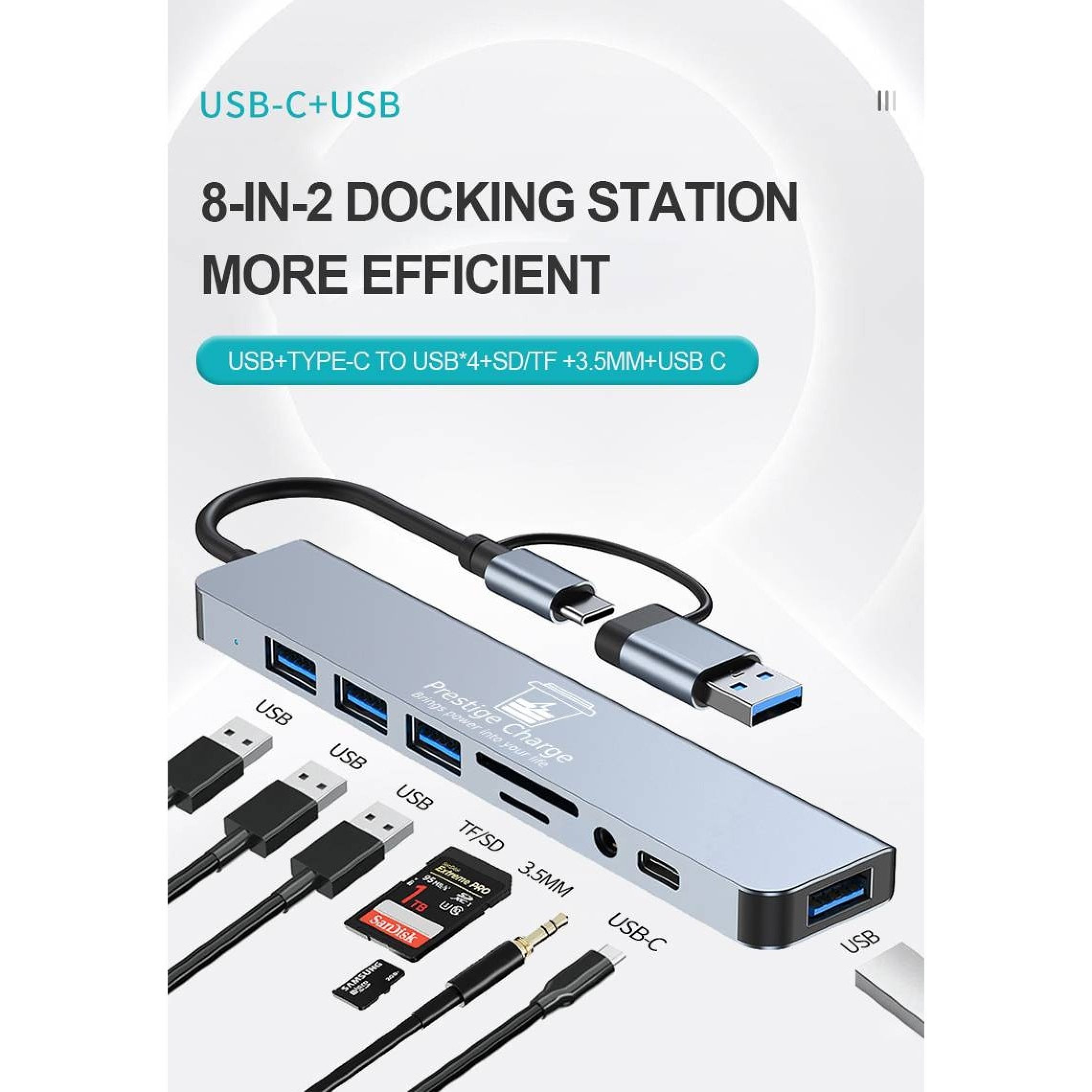 Eine graue 8-in-2 USB-C-Dockingstation mit mehreren USB-, Kartenleser- und Klinkenanschlüssen.