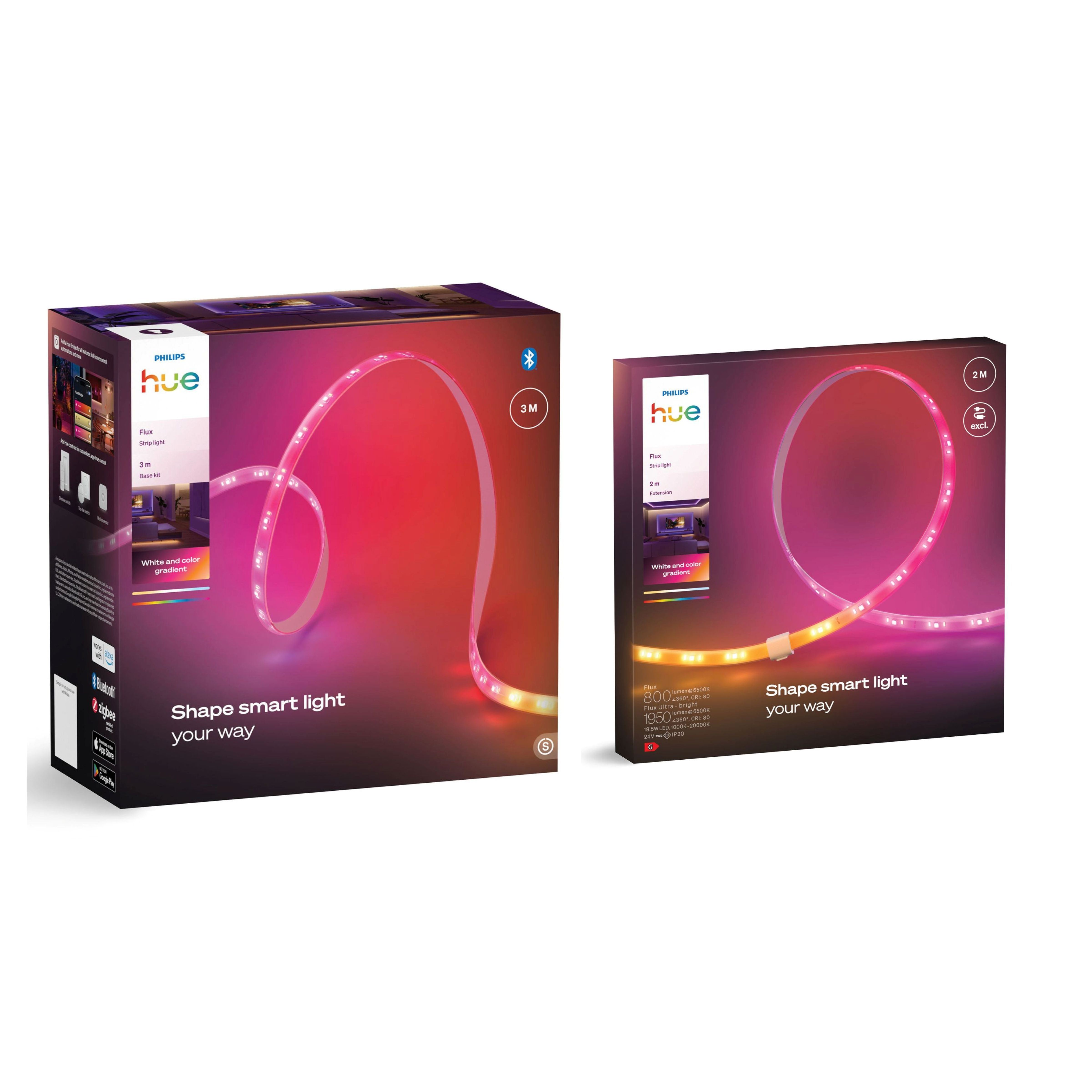 Due scatole di confezioni di strisce LED Philips Hue con strisce luminose curve e colorate.