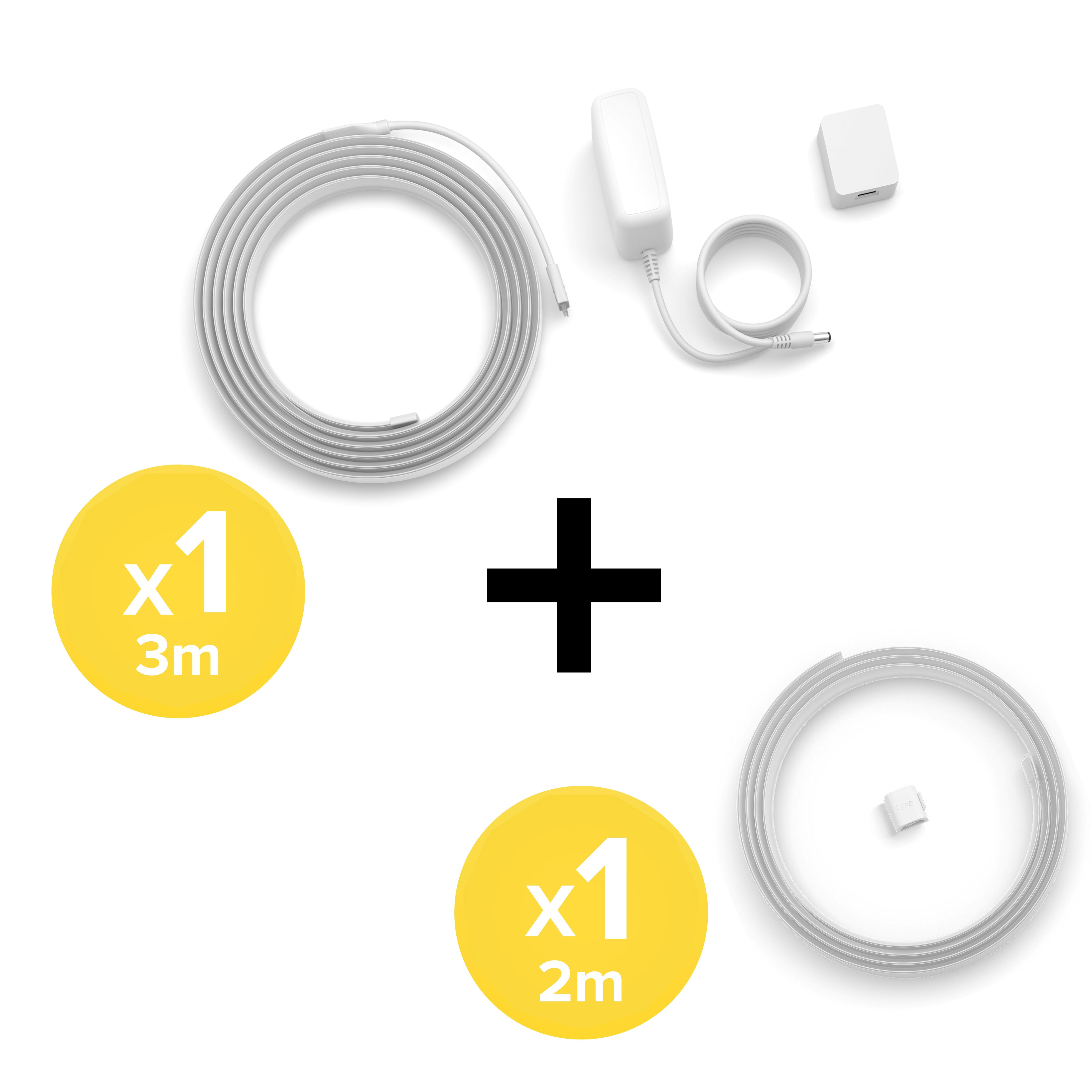 Una striscia LED da 3m, alimentatore, spina e una striscia LED da 2m, separate da un segno più.
