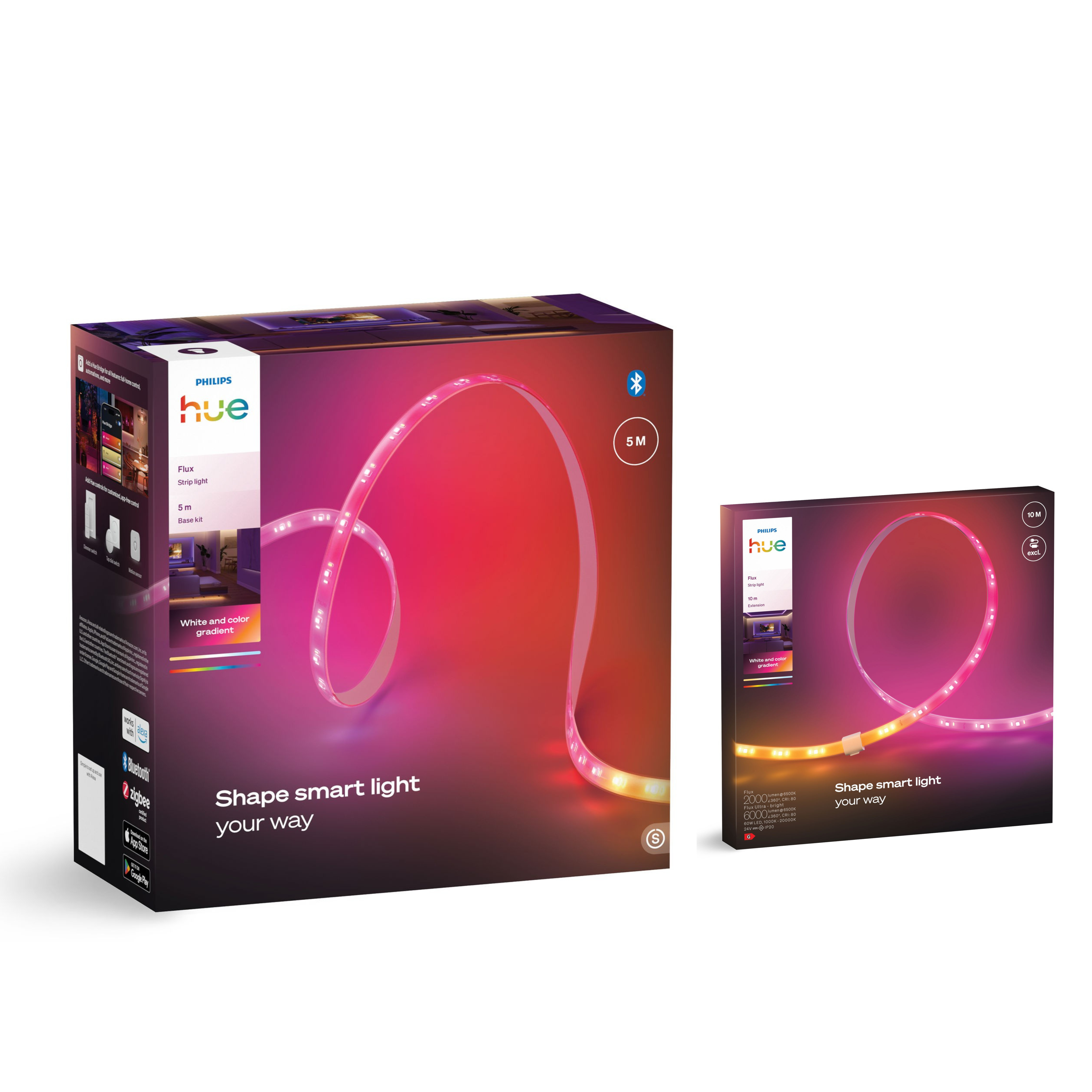 Scatole di strisce LED Philips Hue con kit base da 5m ed estensione da 10m.