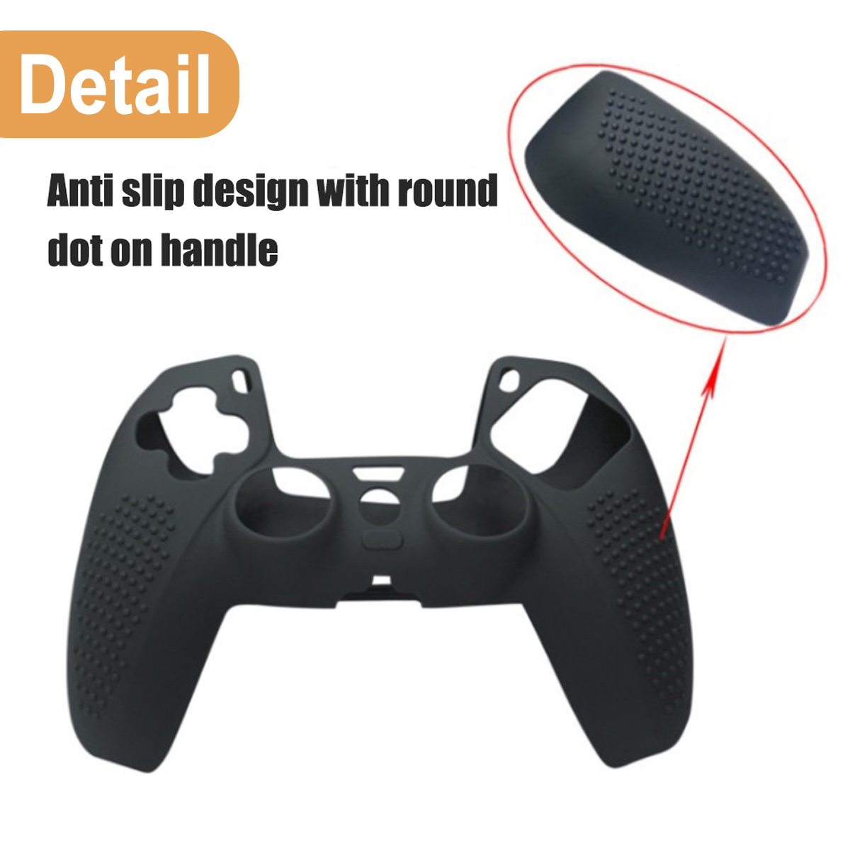 Schwarze Controller-Silikonhülle mit Anti-Rutsch-Noppen und Text.