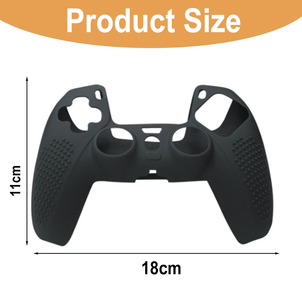 Schwarze Silikon-Controllerhülle mit Maßen von 11 cm Höhe und 18 cm Breite.