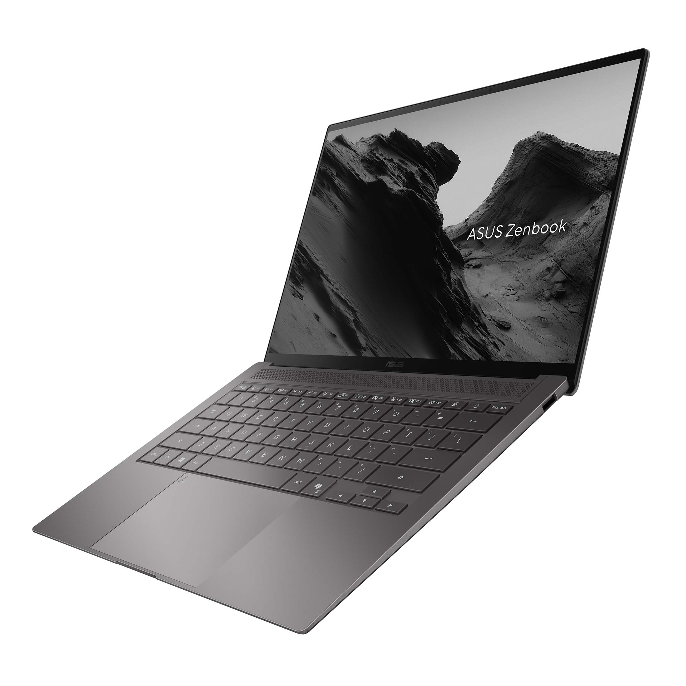 Ein grauer Asus Zenbook Laptop ist leicht geöffnet vor weißem Hintergrund.