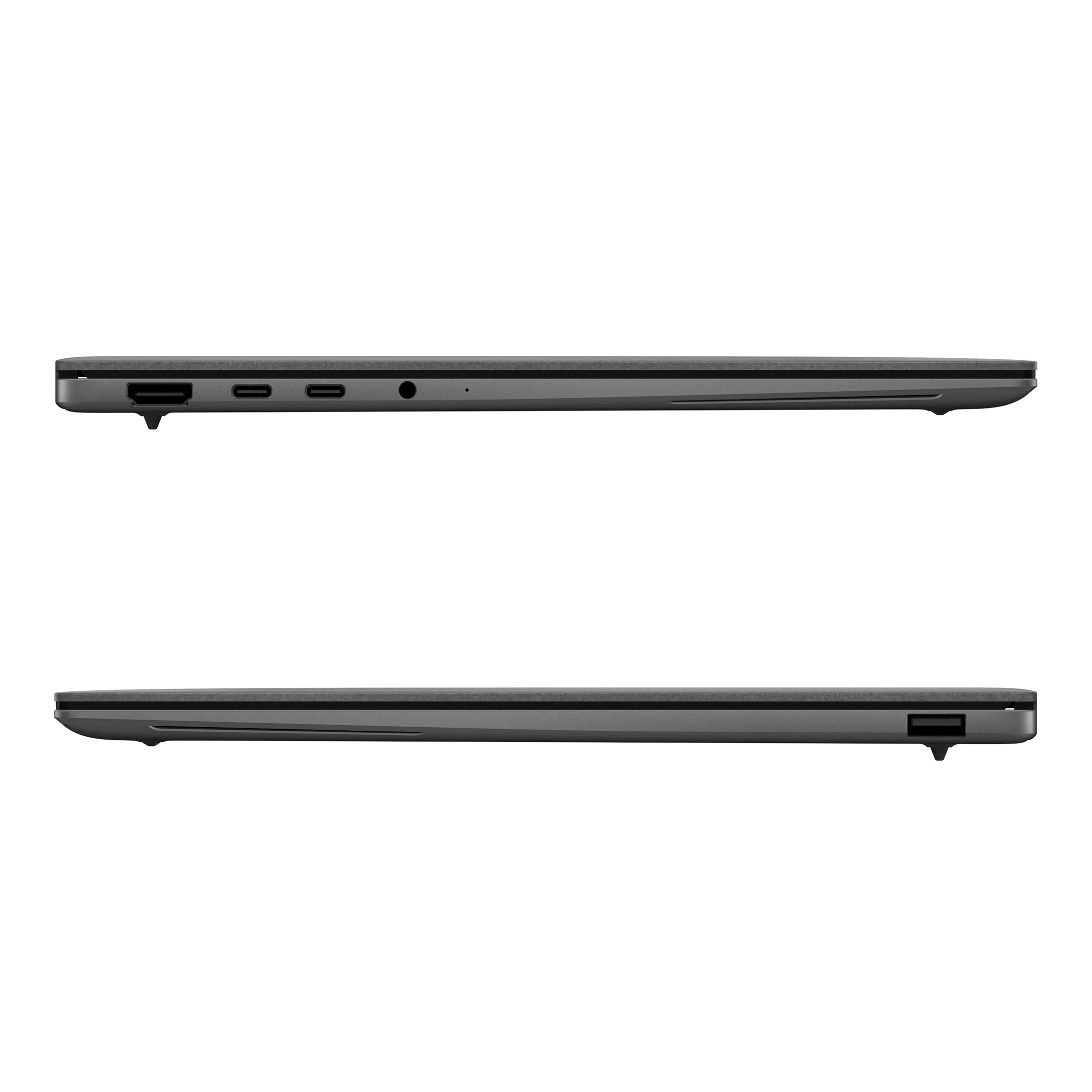 Seitenansichten eines dunklen Laptops mit verschiedenen Anschlüssen auf einer weißen Fläche.