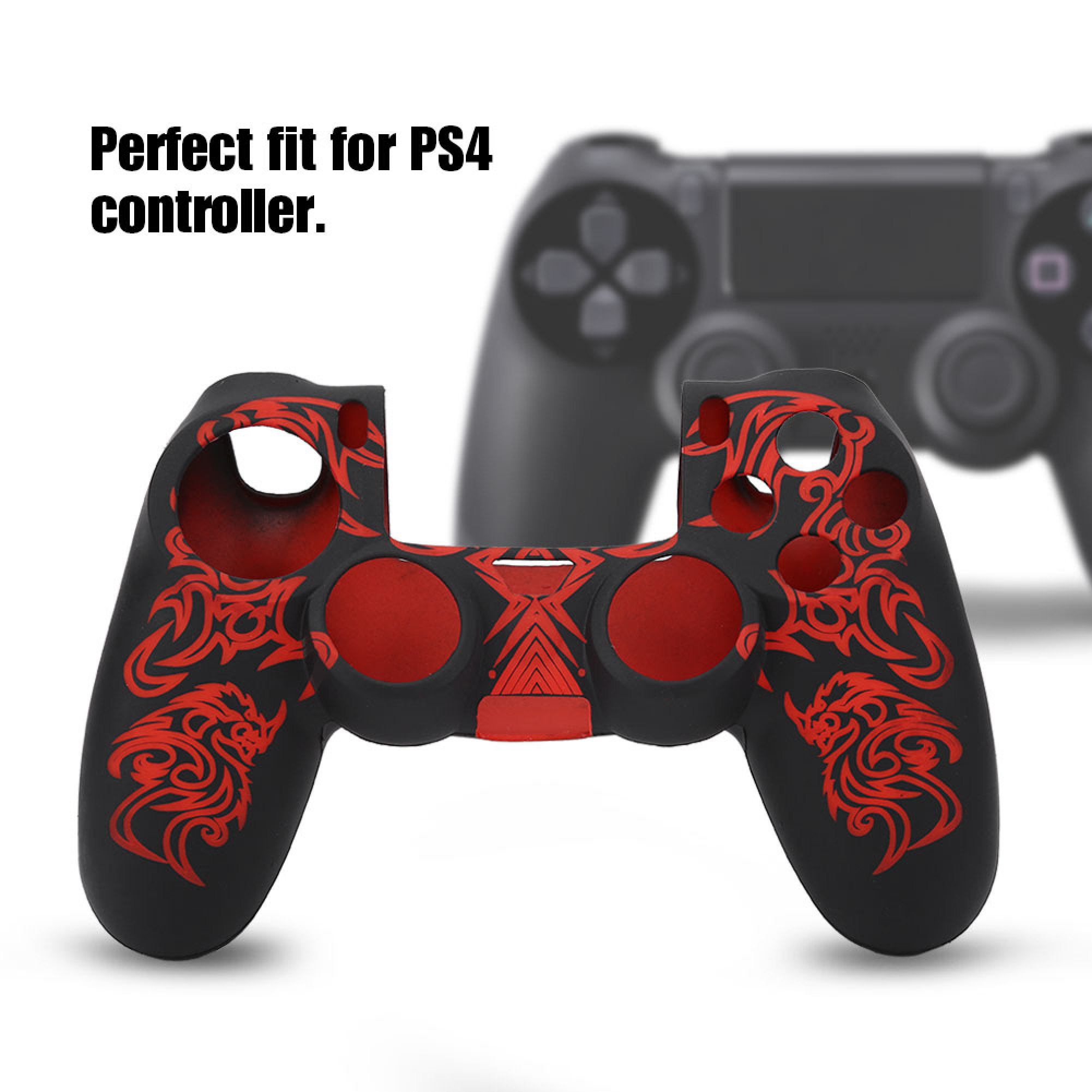 Eine schwarze und rote Controller-Silikonhülle für die PS4 mit Tribal-Muster. Im Hintergrund ist ein Controller unscharf.