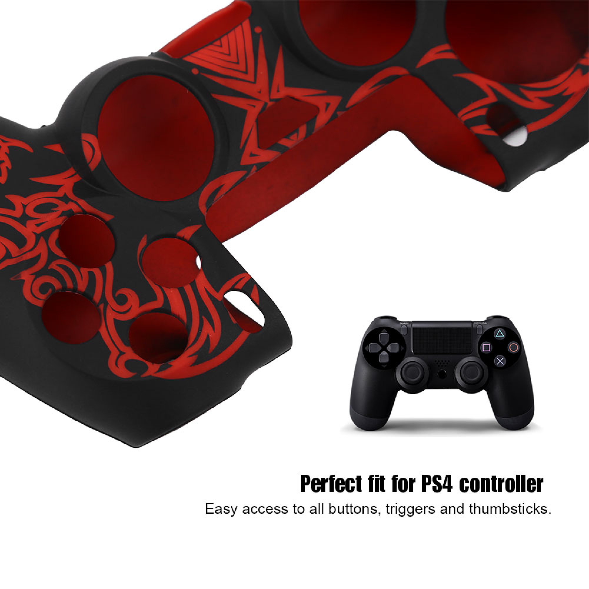 Schwarze und rote Controller-Silikonhülle mit passendem PS4-Controller.