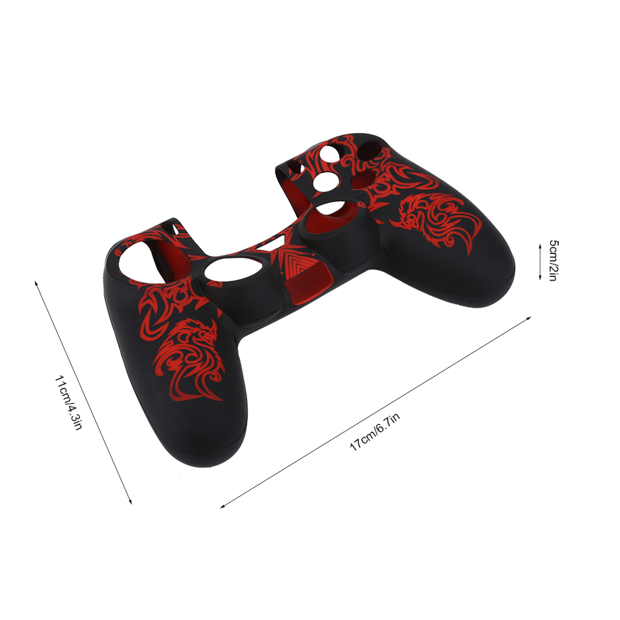 Schwarze Controller-Silikonhülle mit rotem Tribal-Muster und Maßangaben.