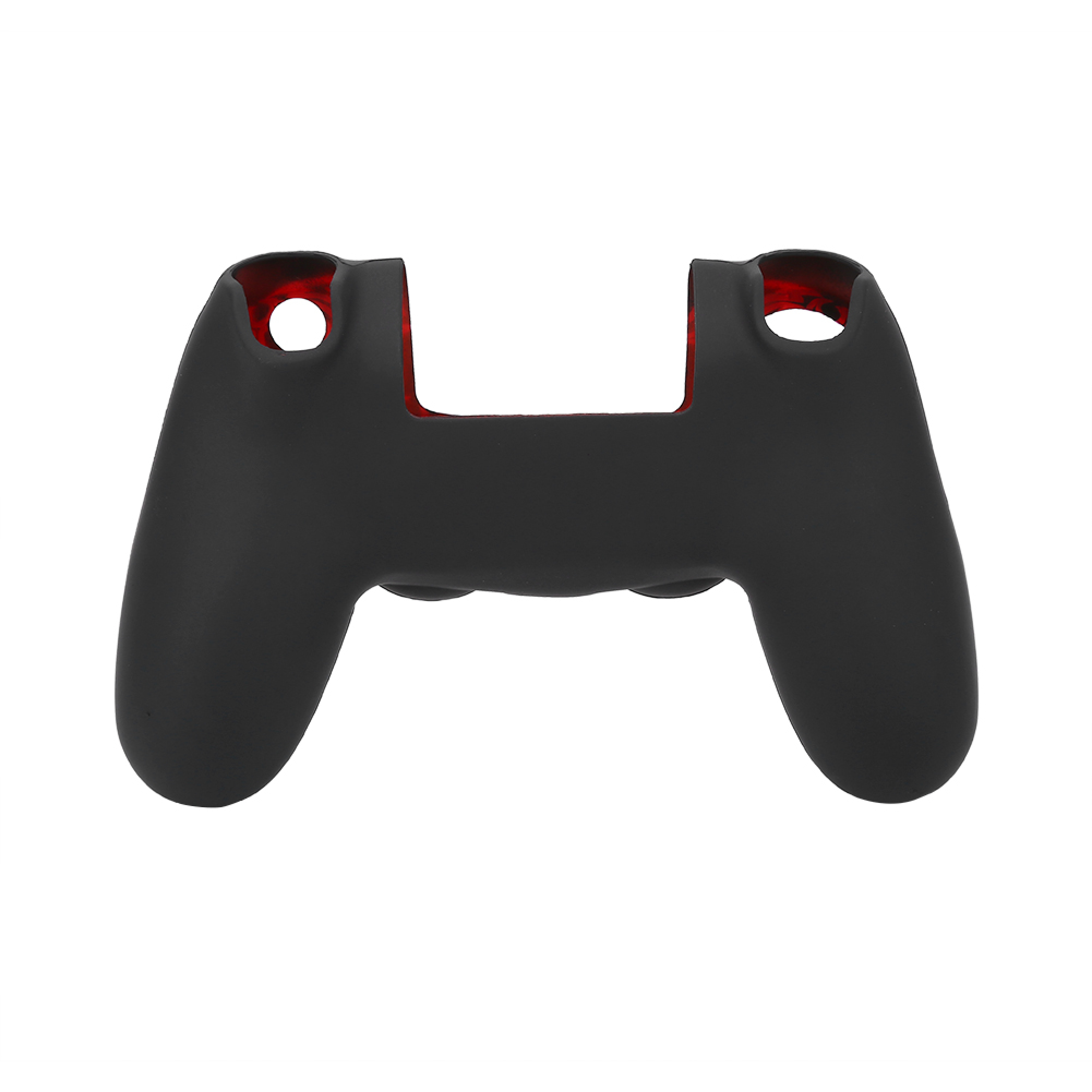 Eine schwarze Silikon-Gamecontroller-Hülle mit rotem Innenfutter vor weißem Hintergrund.