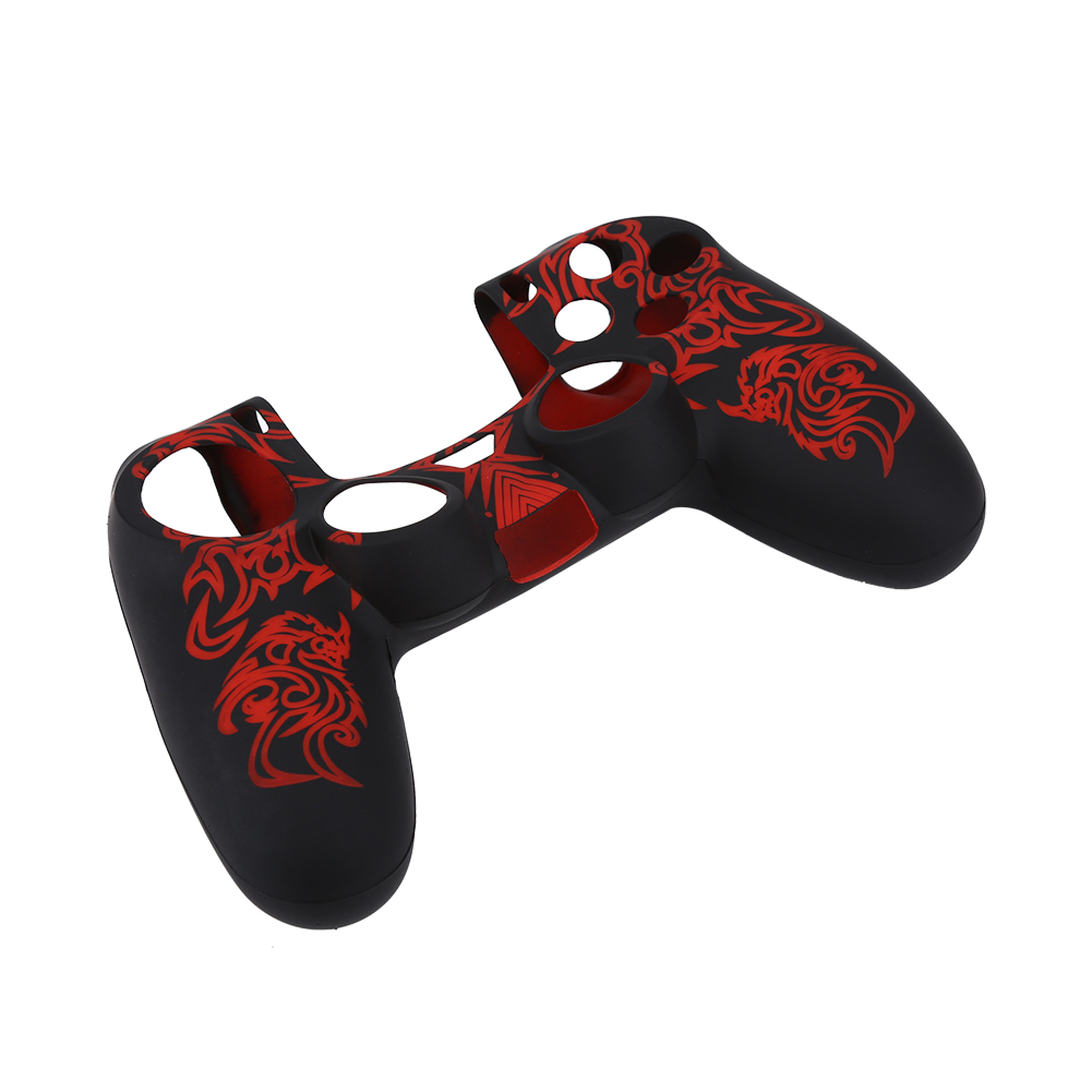 Schwarze Controller-Silikonhülle mit roten Tribal-Mustern auf einer weißen Oberfläche.