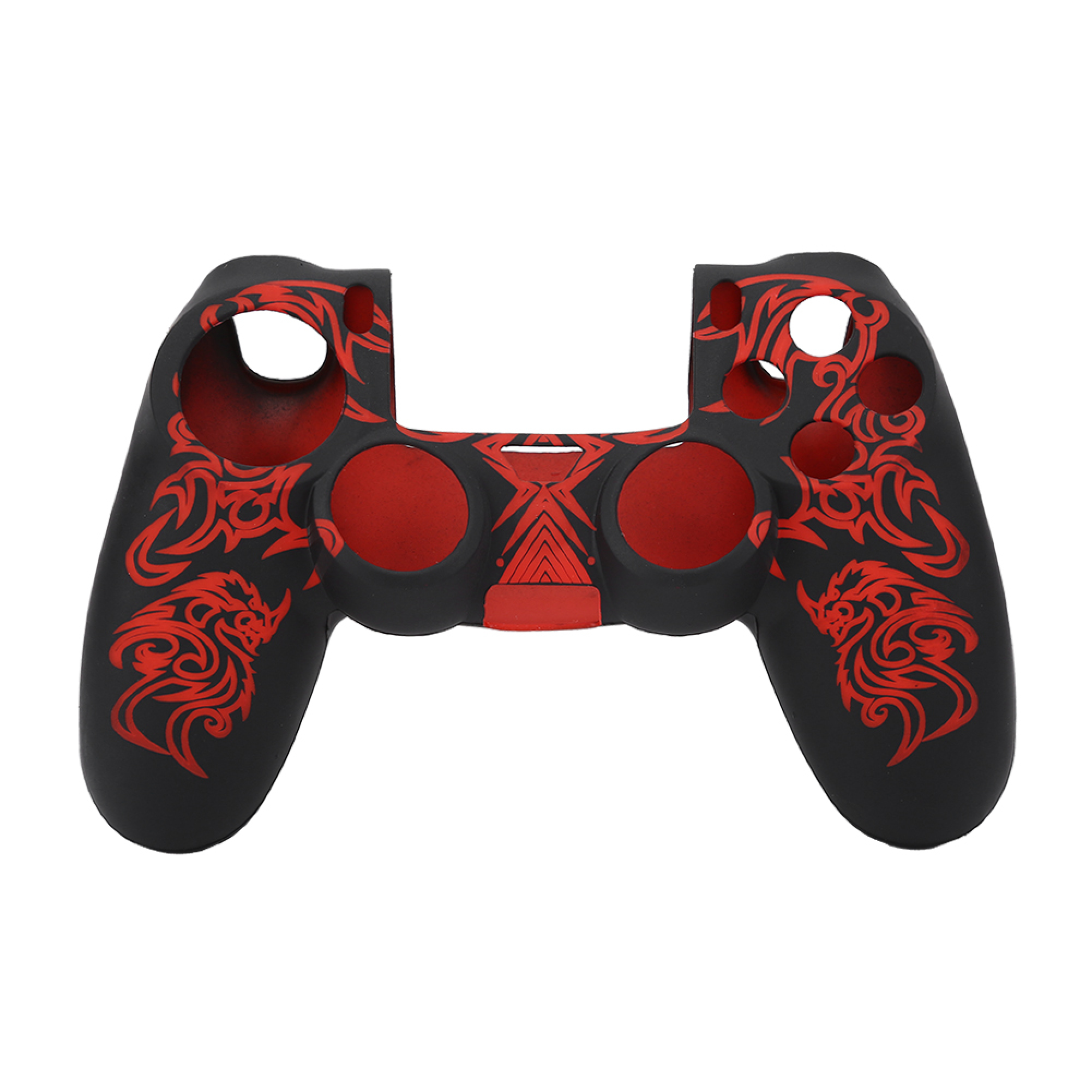 Schwarze Controller-Hülle mit rotem Stammesmuster und Öffnungen für Tasten auf weißem Hintergrund.