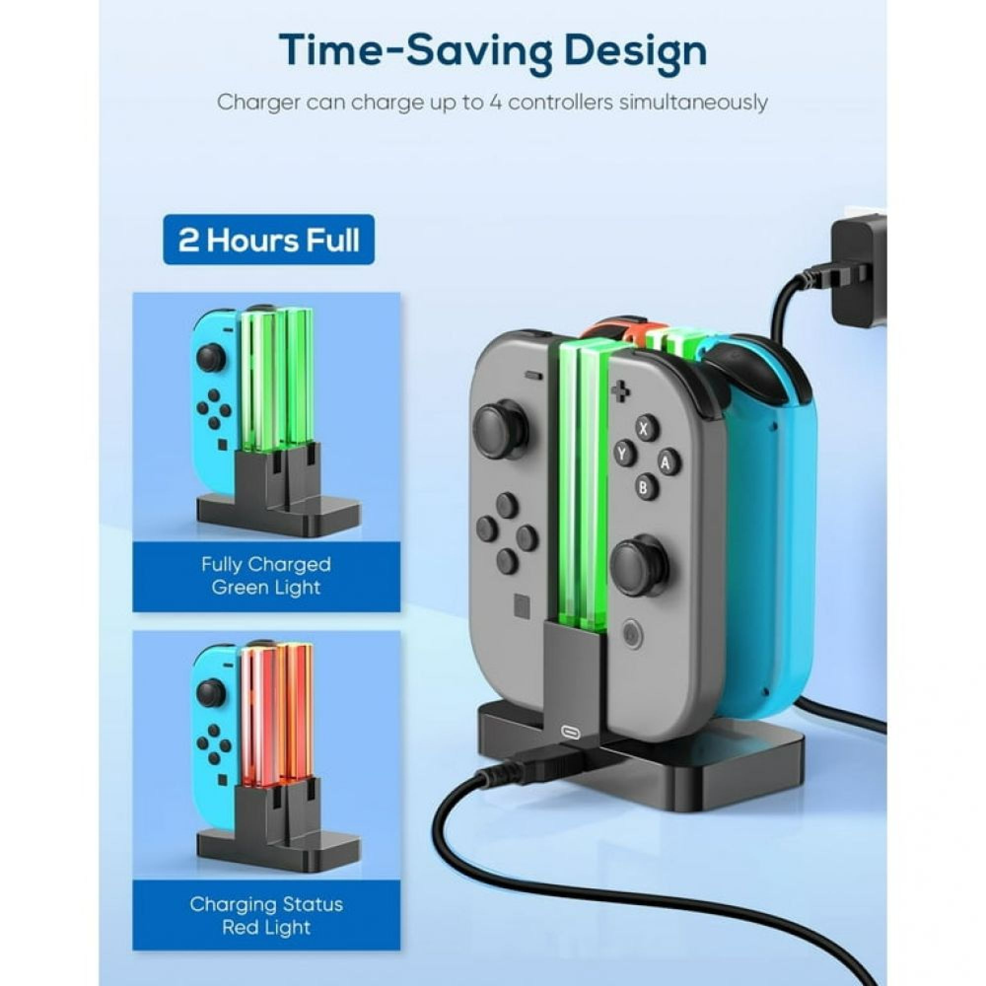 Ladestation für vier Switch-Controller mit grüner und roter Anzeige.