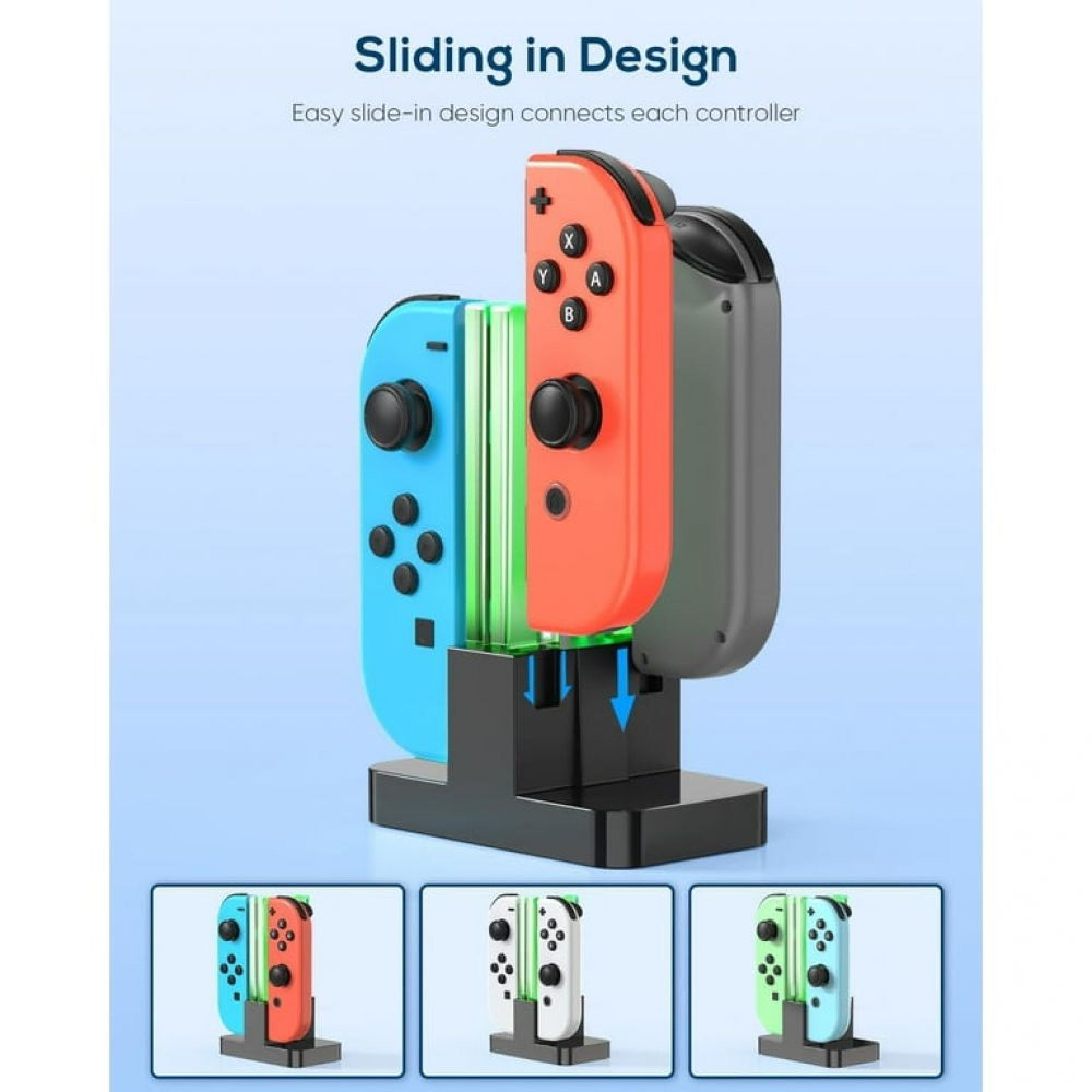 Nintendo Switch-Ladestation mit roten, blauen und grauen Joy-Con-Controllern und drei kleinen Beispielbildern unten.