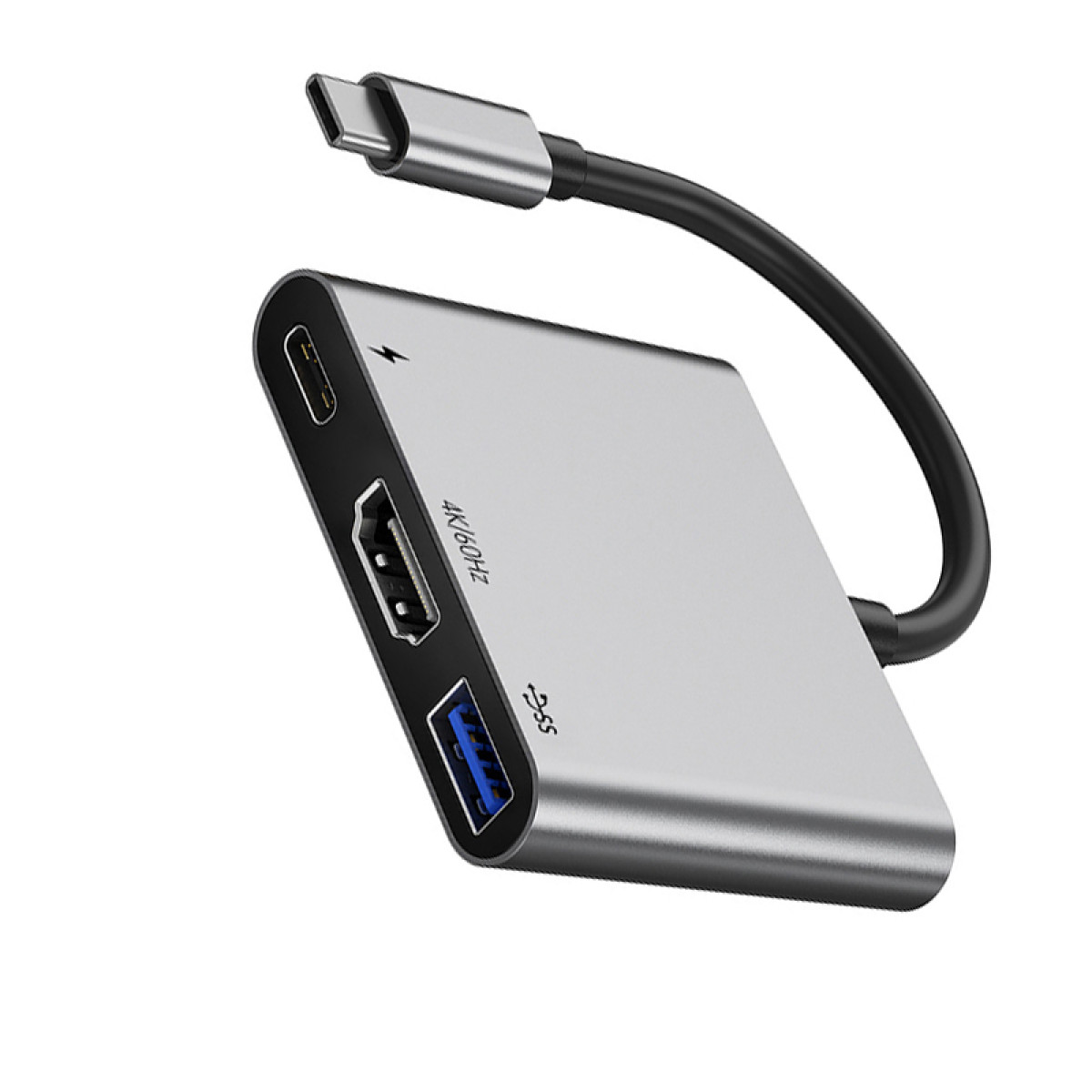Ein silberner USB-C-Hub mit HDMI-, USB- und Ladeanschluss auf weißem Hintergrund.