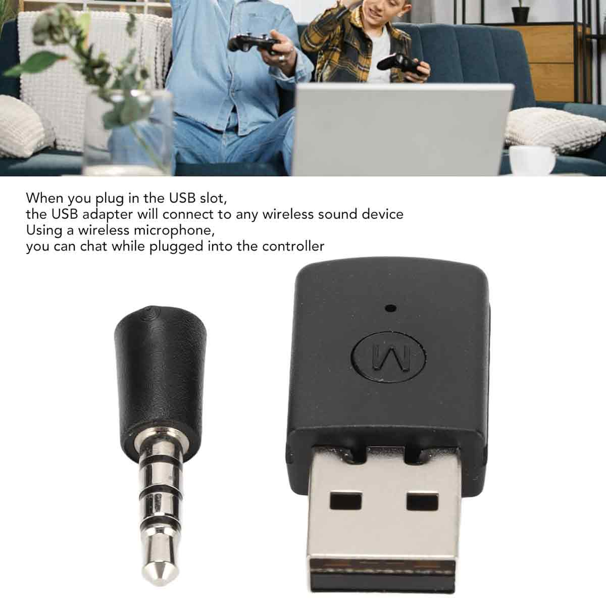 Ein schwarzer USB-Adapter und ein kleiner Audiostecker vor einem Hintergrund mit Personen, die Videospiele spielen.