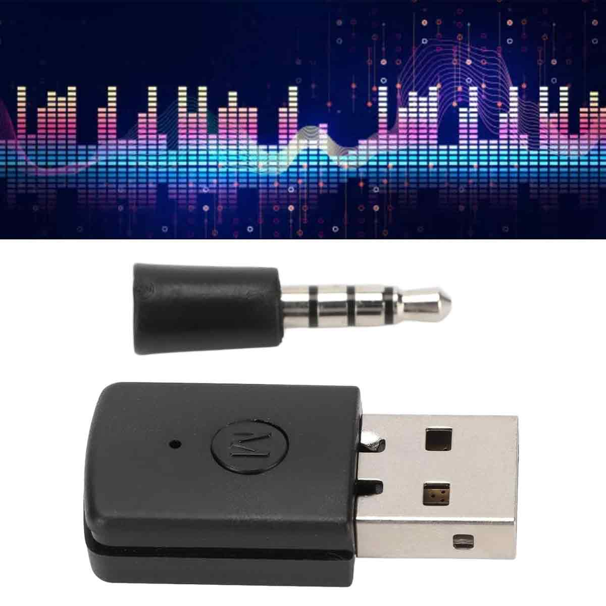 Ein schwarzer USB-Empfänger und ein 3,5-mm-Klinkenadapter auf blauem Hintergrund mit Equalizer-Grafik.