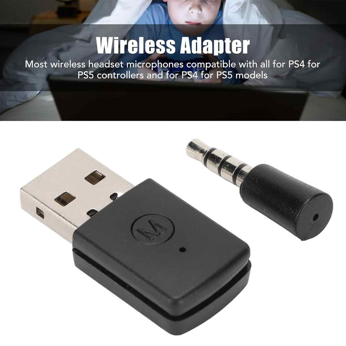 Ein schwarzer USB-Wireless-Adapter mit einem kleinen Mikrofon daneben auf weißem Hintergrund.