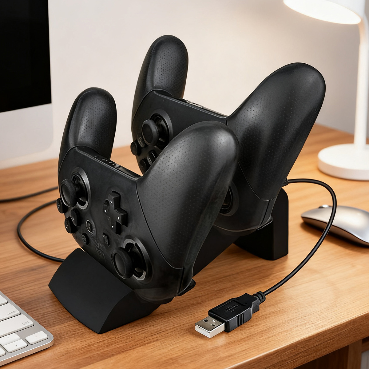 Zwei schwarze Videospiel-Controller laden in einer Station auf einem Holzschreibtisch.
