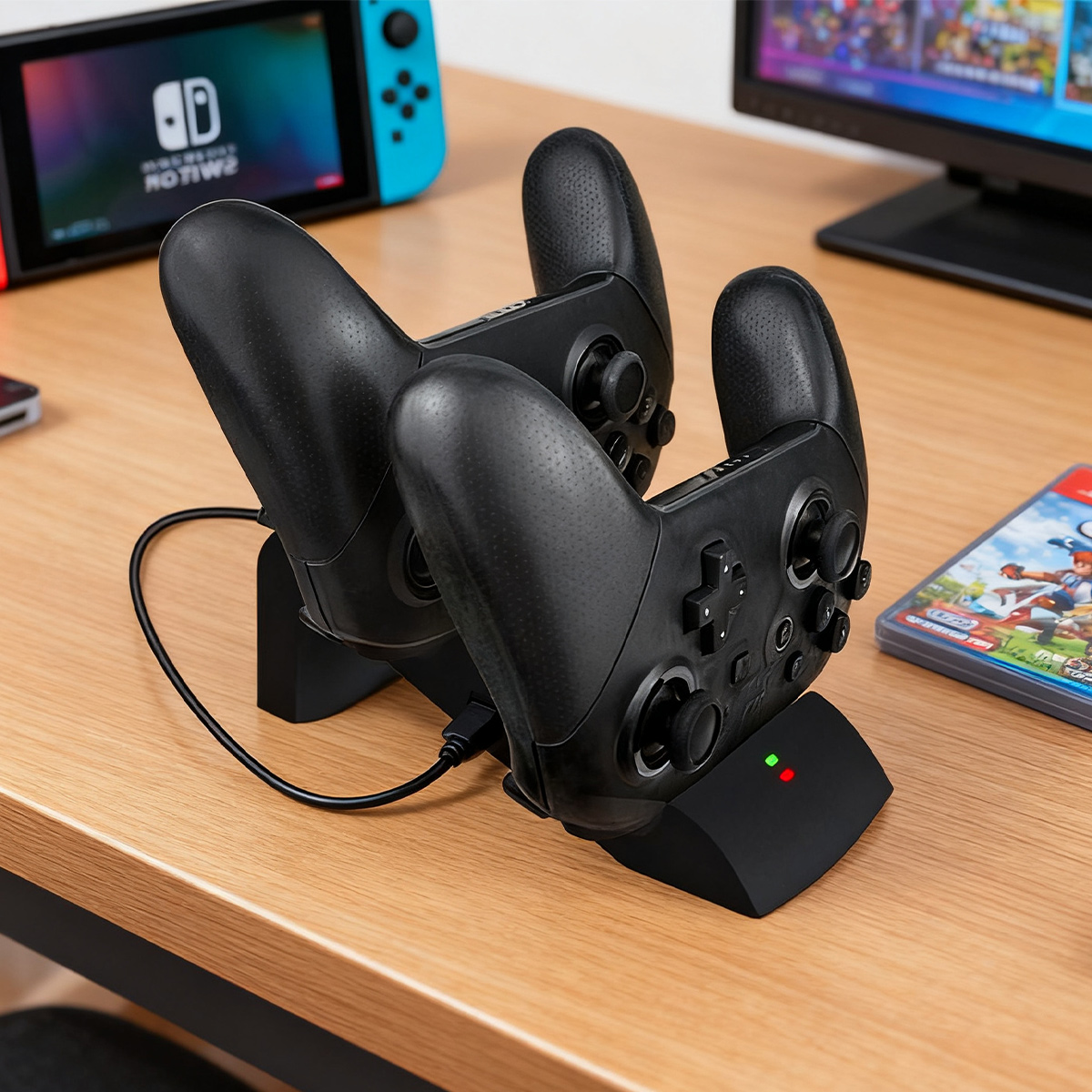 Zwei schwarze Gamecontroller stecken auf einer Ladestation auf einem Holztisch, im Hintergrund eine Switch.