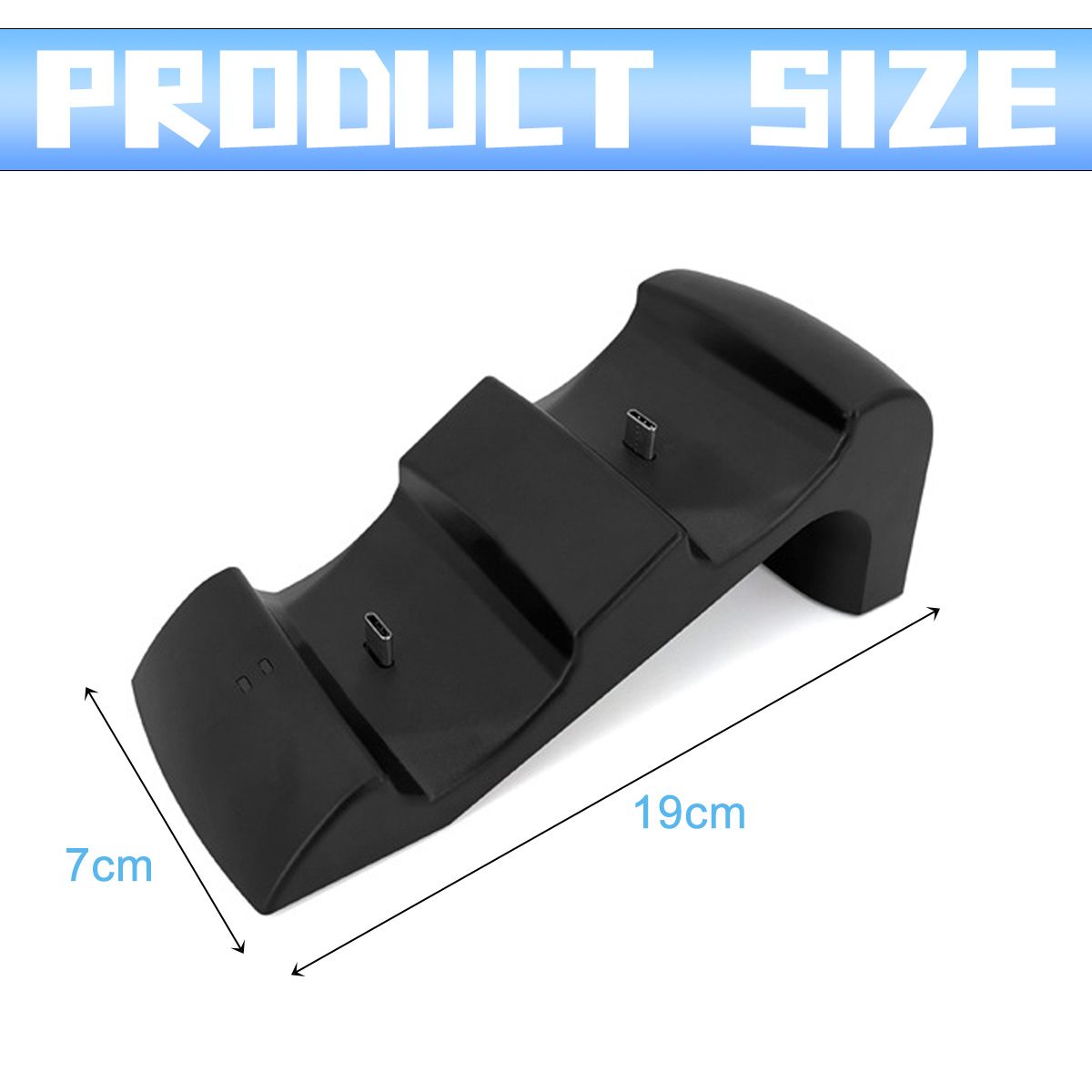 Schwarze Controller-Ladestation mit Maßen von 19 cm Länge und 7 cm Breite vor weißem Hintergrund.