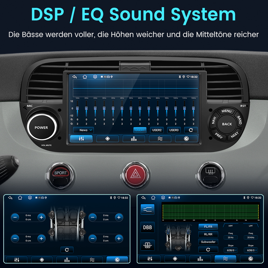 Un sistema audio per auto mostra un equalizzatore con cursori e grafici.