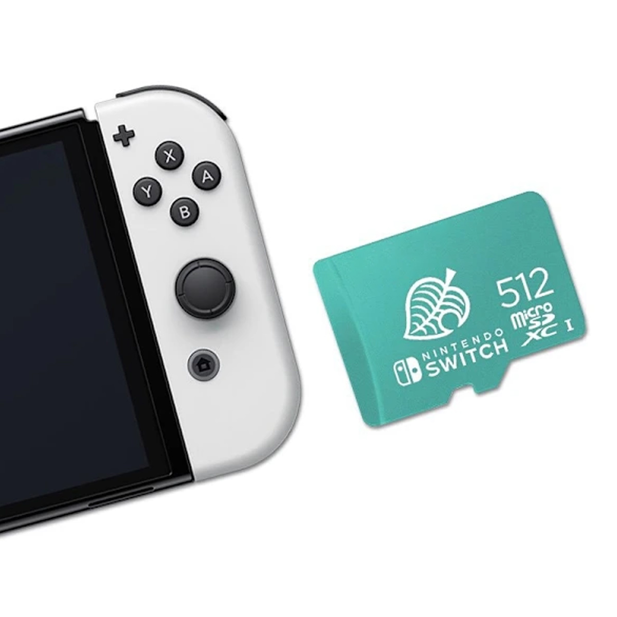 Eine weiße Nintendo Switch-Konsole neben einer mintgrünen 512GB MicroSD-Speicherkarte mit einem Blatt-Logo.