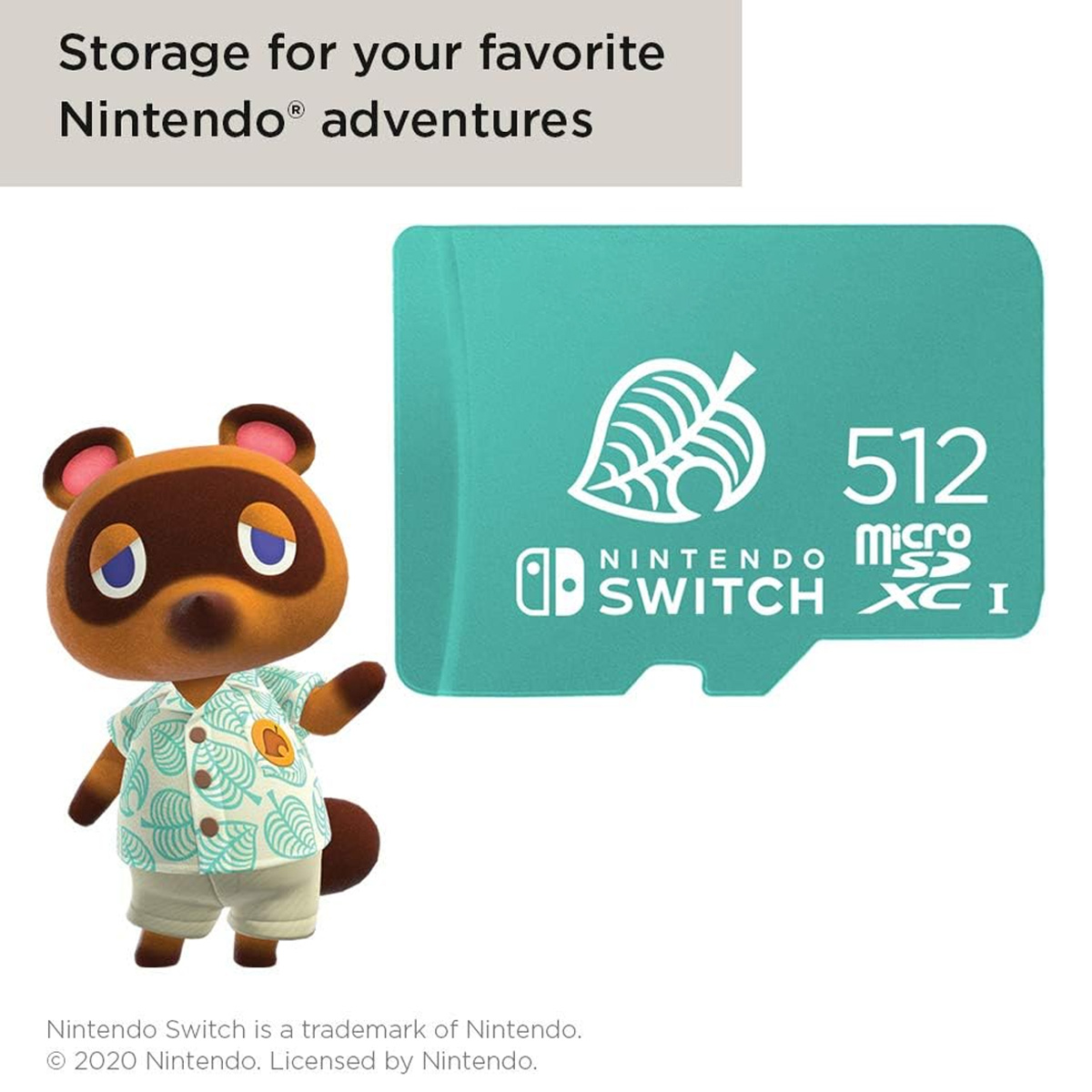 Gruener 512GB MicroSDXC Speicherkarte fuer Nintendo Switch neben Tom Nook aus Animal Crossing.