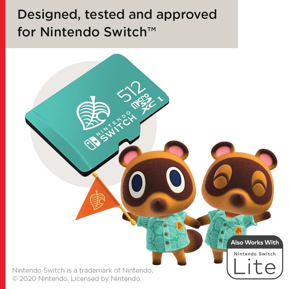 Eine Nintendo Switch MicroSD-Karte mit Animal Crossing Tom Nook Charakteren und Symbolen.