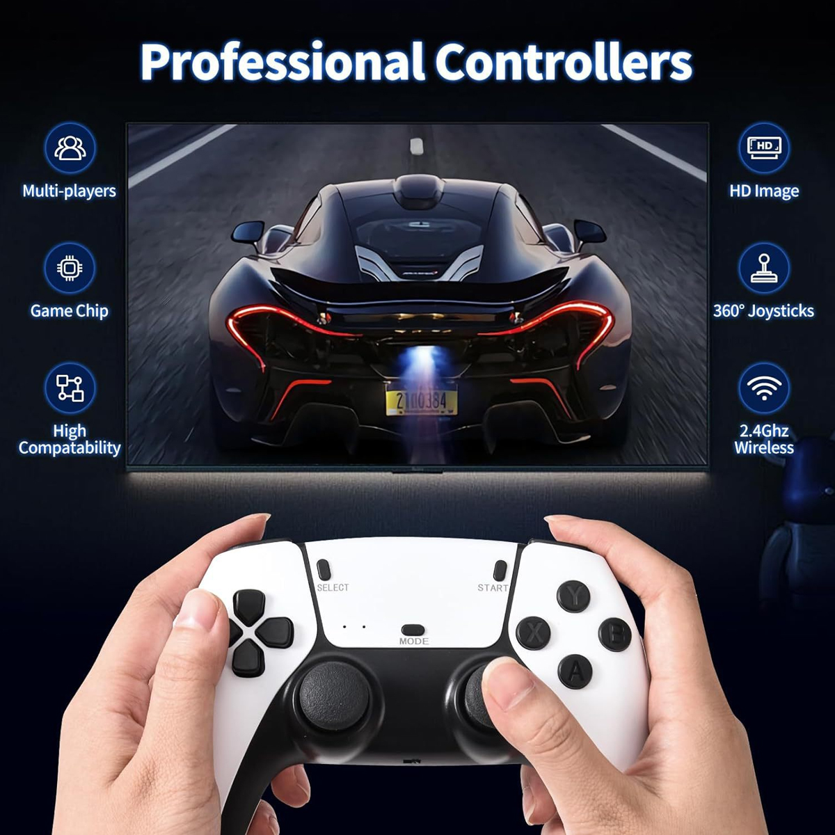 Eine Person hält einen schwarz-weißen Controller und spielt Rennspiel auf einem Bildschirm.